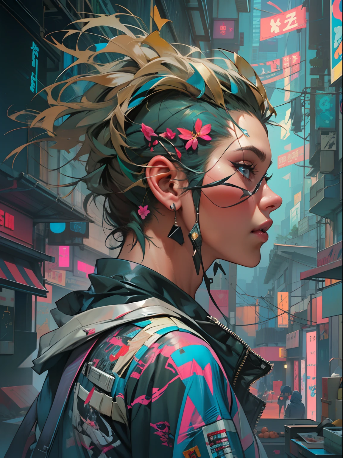 (HOMBRE CYBERPUNK) Anime painting of young Asian cyberpunks, Cabello cyberpunk sin forma, dynamic  pose, Poses elegantes, colores brillantes, arte conceptual de Carne Griffiths y Wadim Kashin, Antecedentes cyberpunk, Belleza abstracta, near perfection, Forma pura, golden ratio, minimalismo, arte conceptual, Detalles intrincados, 8k post-production, High resolution, Super detail, tendencias en Artstation, foco nítido, Fotos de estudio, Detalles intrincados, muy detallado, por Greg Rutkowski