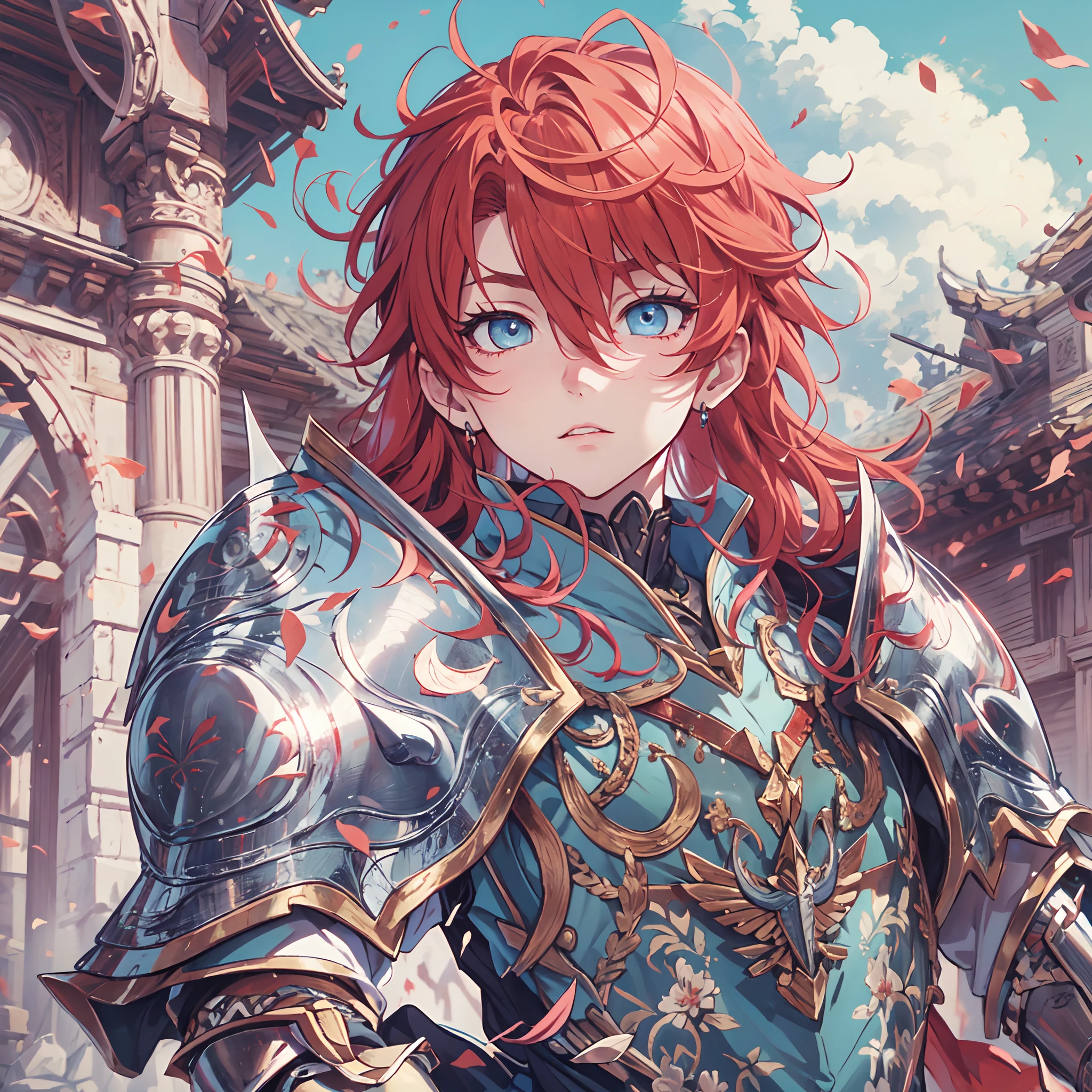 Ultra High Definition, Ultra High Quality, Extremely Detailed, Perfectly Detailed, Masterpiece, 8k, 1 Boy, Look A Like Xin From Kingdom Anime, Handsome, Equipped With Royal Knight Armor, Solid Light Blue Eyes, Long Red Hair, Body Shot, Ancient Kingdom Background