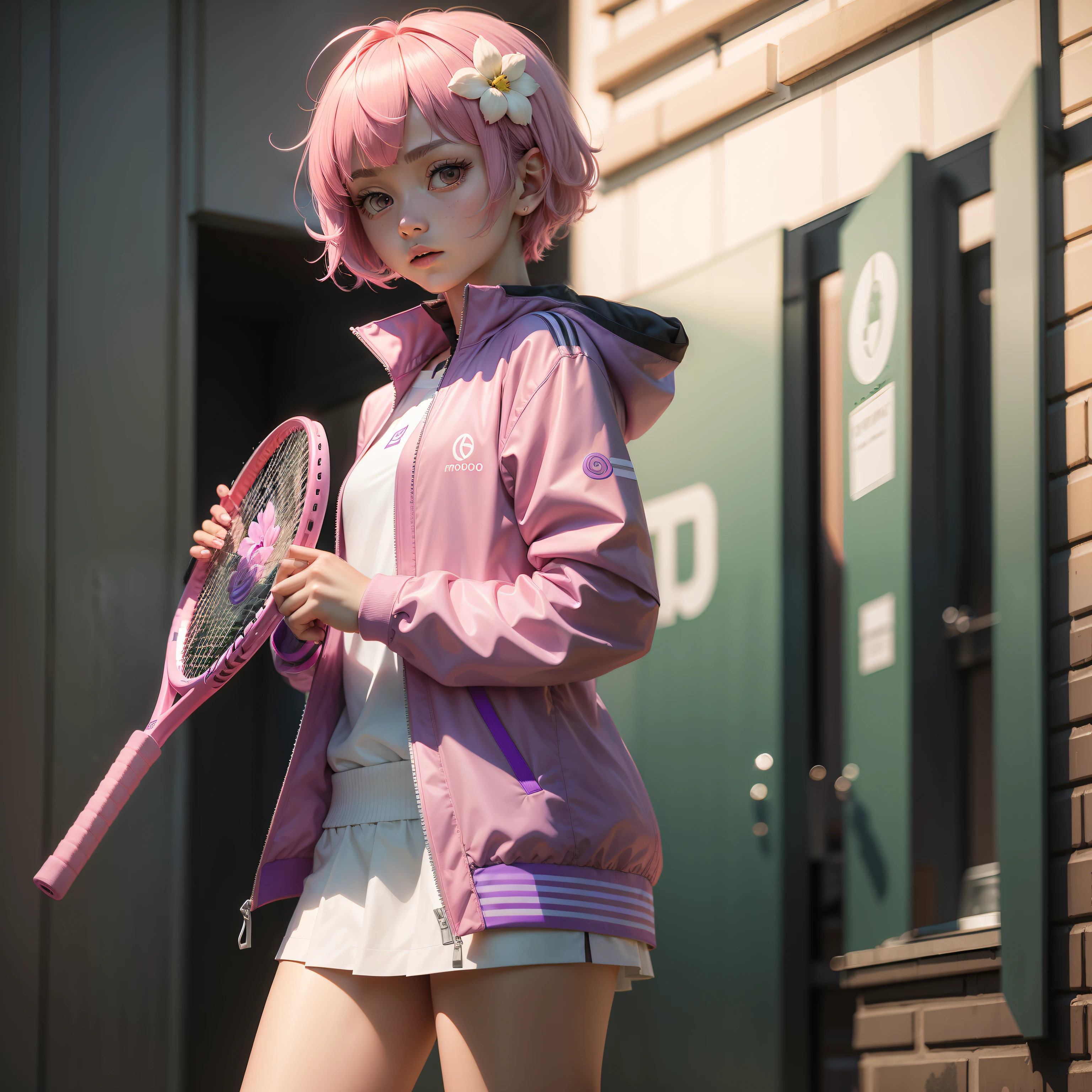 tennis coat,PH Momo, momohd, phmomo, Solo, 1girl in,  Pink hair, Purple eyes, Short hair, Hair Flower, Wear tennis wear, Big eyes, embarrassed,Holding a tennis racket in his right hand,The left hand does not hold anything,
