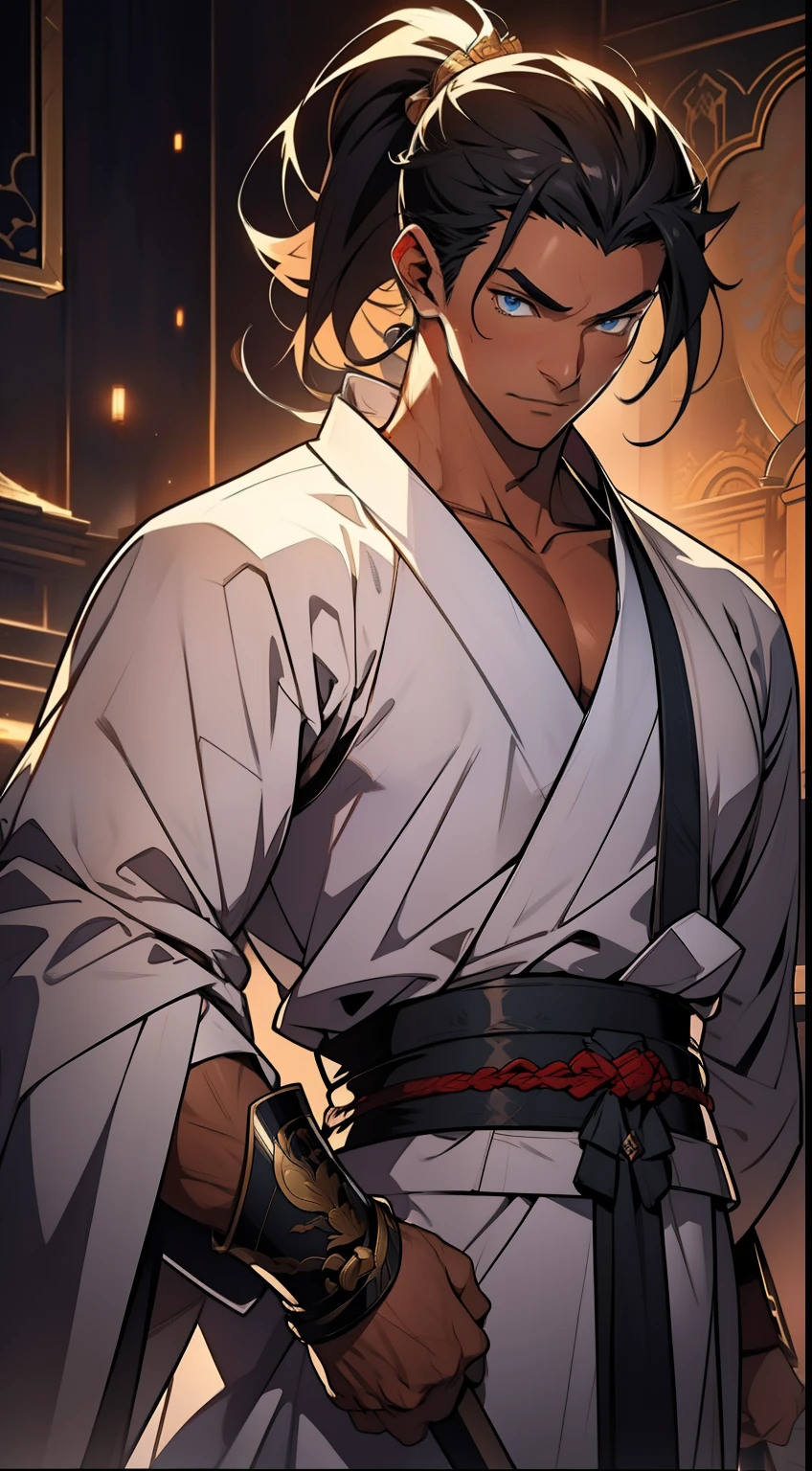 quadratic element，style of anime，mtu（Male Warrior），The proportions are correct，Face details，swordsmen，High ponytail hairstyle，Neck details，There is an Adam's apple，White robe，kaftan，long white robe，clothes details，Handing over，longer sleeves，Game quality，Swordsmanship，Light and shadow tracking，Ray traching，detailed glow，cg render，hair detail，cabelos preto e longos，blue colored eyes，Handsome，Handsome，（juvenile sense），Clothing is complicated，Perfectcomposition，Refinement，high qulity，higher details，Lots of details，The background is complex，a sense of atmosphere，