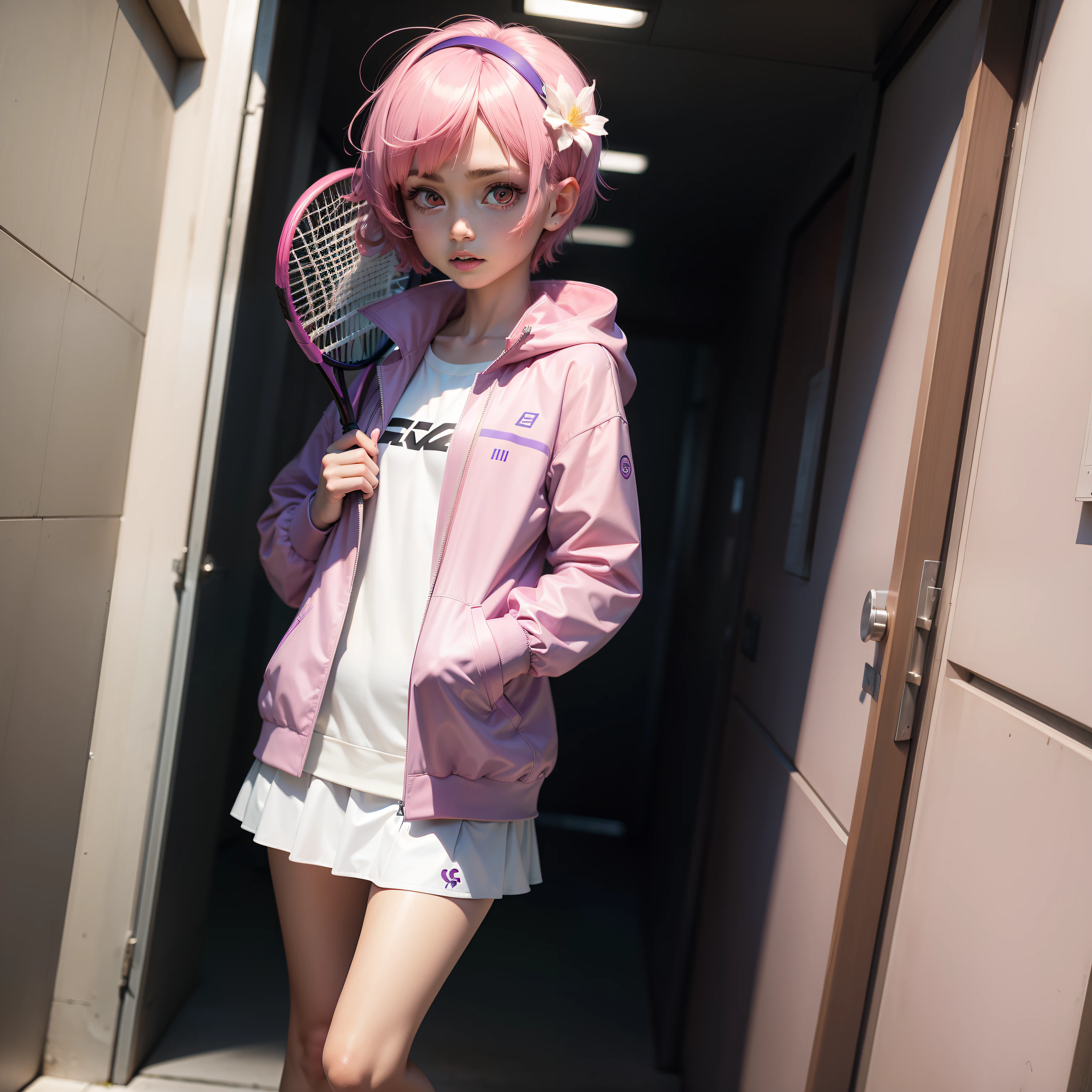 tennis coat,PH Momo, momohd, phmomo, Solo, 1girl in, Pink hair, Purple eyes, Short hair, Hair Flower, Wear tennis wear, Big eyes, embarrassed,Holding a tennis racket in his right hand,The left hand does not hold anything,