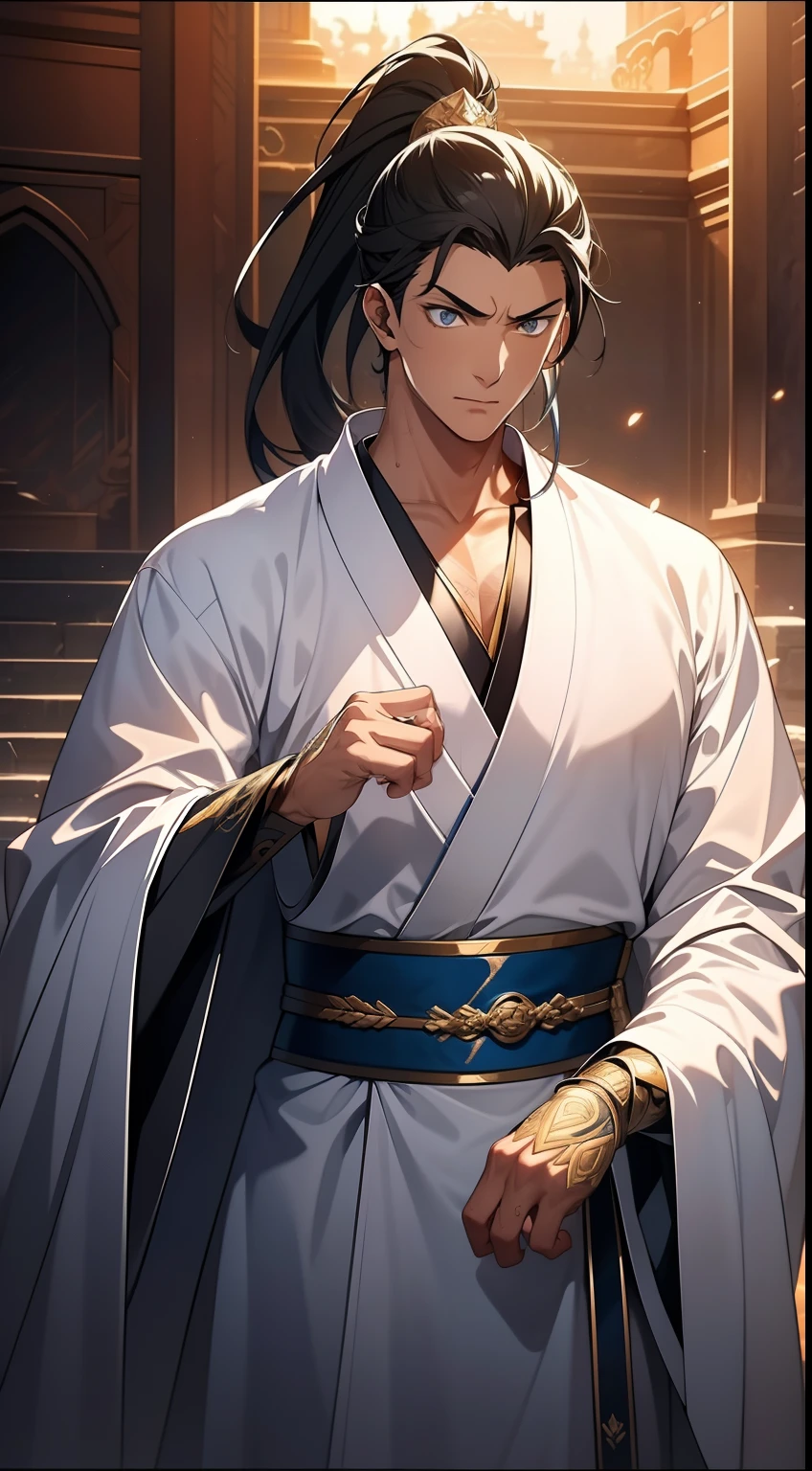 quadratic element,style of anime,mtu(Male Warrior),The proportions are correct,Face details,swordsmen,High ponytail hairstyle,Neck details,There is an Adam's apple,White robe,kaftan,long white robe,clothes details,Handing over,longer sleeves,Game quality,Swordsmanship,Light and shadow tracking,Ray traching,detailed glow,cg render,hair detail,cabelos preto e longos,blue colored eyes,Handsome,Handsome,(juvenile sense),Clothing is complicated,Perfectcomposition,Refinement,high qulity,higher details,Lots of details,The background is complex,a sense of atmosphere,