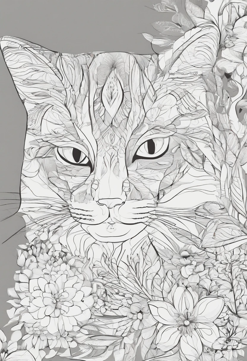 white and black cat with a white background, ploynesian, garden, art for coloring book page, full white background, only use outline, line art, clean line art, mandala for coloring with nature ornaments, simple and clean line art, adorned in Art Nouveau style, with a stroke of Alfons Mucha's brush, perfect details, real