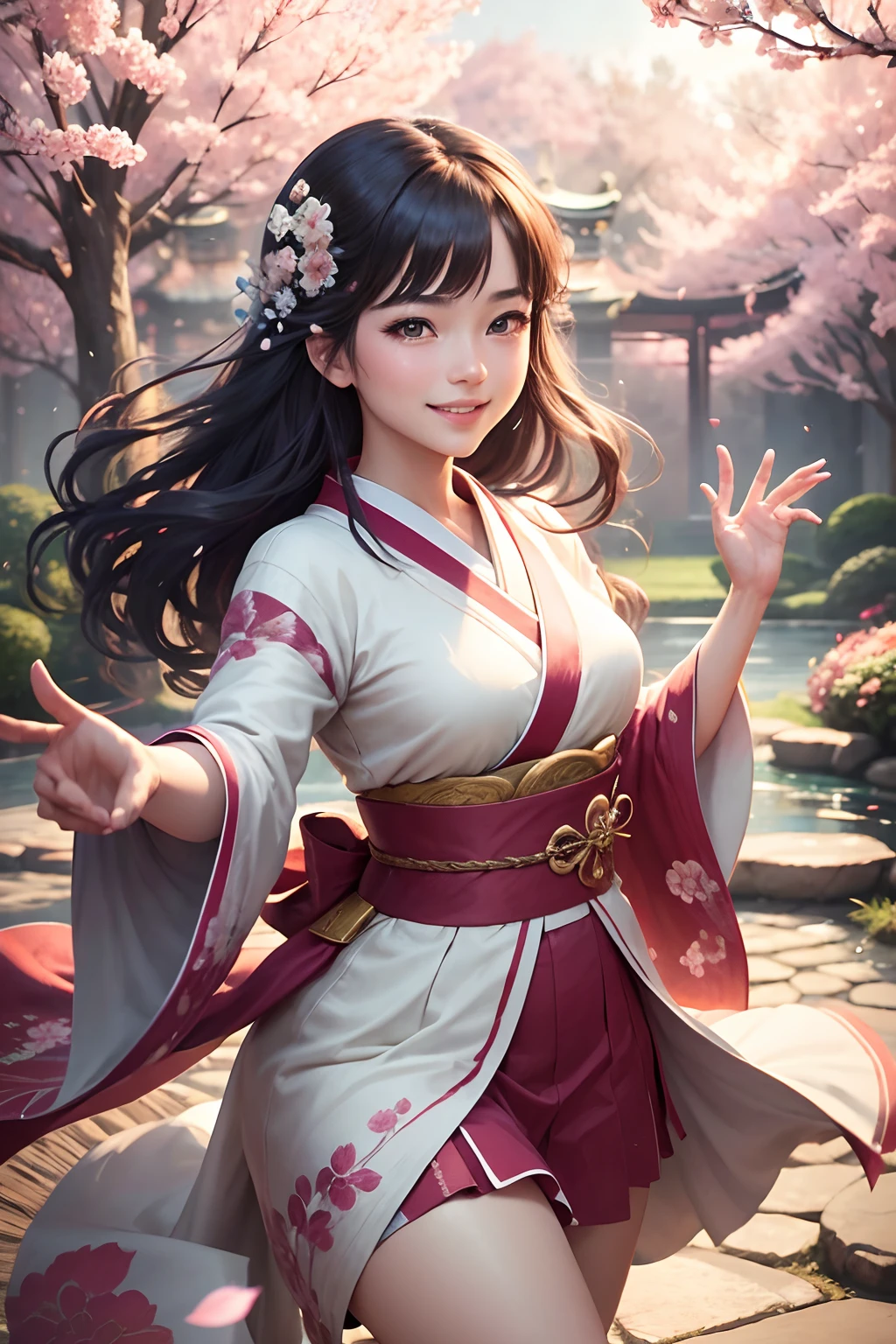 (a girl in a garden), traditional Japanese painting, vibrant colors, detailed cherry blossom petals, flowing kimono, delicate brush strokes, soft lighting, picturesque scenery, dreamy atmosphere, enchanting beauty, graceful movements, elegant poses, romantic atmosphere, breathtaking landscapes, intricate details, magical ambiance, whimsical characters, dynamic action scenes, nostalgic feel, visually stunning, masterful composition, ethereal beauty, radiant smiles, sparkling eyes,  joyful energy, heartwarming moments, vibrant personalities, dynamic poses, expressive emotions, enchanting artistry, mesmerizing visuals, captivating storytelling, timeless charm, nostalgic vibes, magical transformations, friendship and love, epic adventures. (best quality, highres), vibrant colors, intricate details, lively and energetic, visually stunning, dynamic poses and action scenes, radiant smiles and sparkling eyes, dreamy and romantic atmosphere.