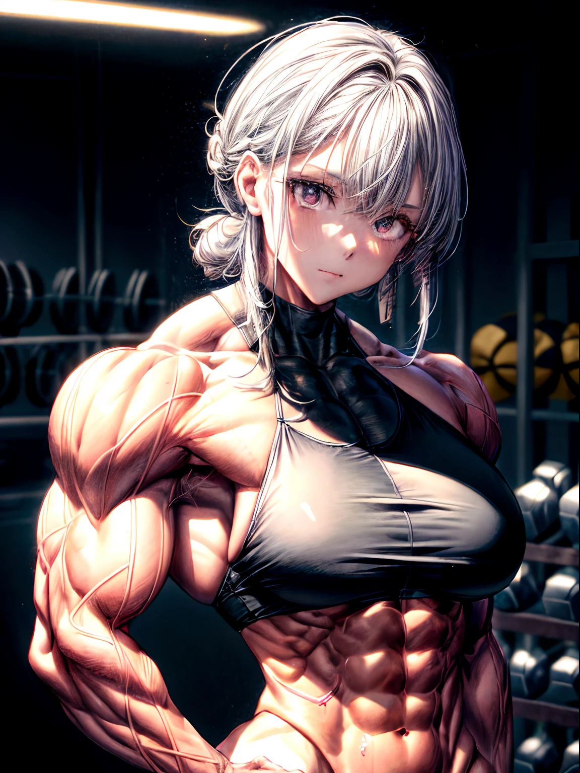 (BEST lighting) , (ultra intricately detailed) , 4K unification, (super-detailed CG: 1.2) , (8K: 1.2),(Original), (Masterpiece) , (Best quality),(Masterpiece:1.4),Anime-ish high quality,(Masterpiece),Masterpiece, Best quality, absurderes,((masterpeace, 4K, 8K, Yes, A high resolution))1girll, One man only,She is in the ballet studio,Black ballet costume, Protruding blood vessels on the arm,red pupils,Spring, Boots, Perfect figure, Short white asymmetric hair, Sweat, ((body builder:1.5)),The strongest in the world,Practice dance studio background,(Beautiful bace),(Girl),(Female),(((Upper body:1)))