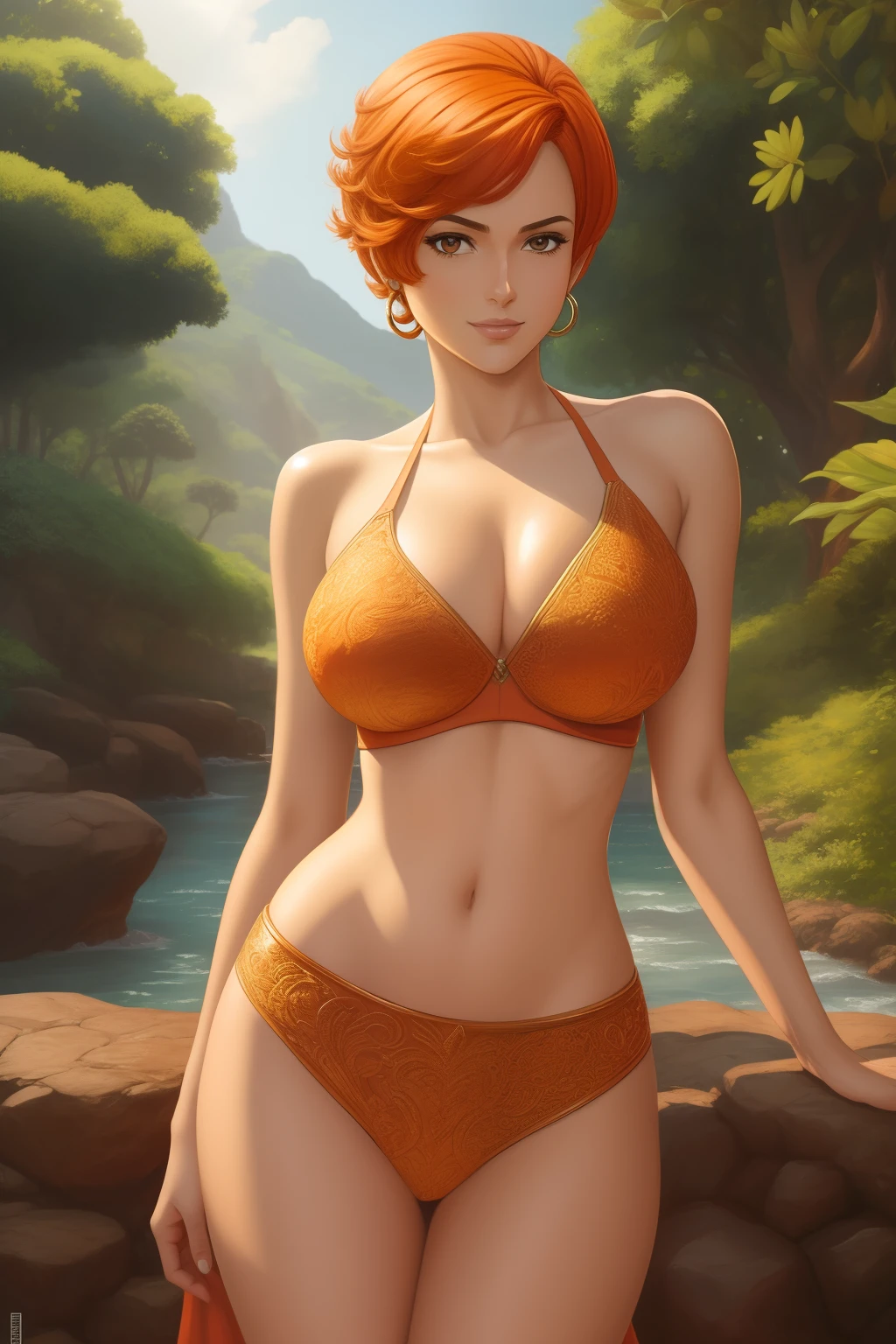 Arte similar Jonh Buscema,cenoura do anime one piece, short hair, orange hair, rabo-de-cavalo, tem orelhas de coelho, beleza, Beautiful woman, Corpo Perfeito, seios perfeitos, usando uma toalha, toalha, toalha branca, no banheiro, banheira, chuveiro, Looking at the Viewer, realismo, leve sorriso, master part, couro texturizado, super detalhado, High detail, alta qualidade, best quality, 1080P, 16k