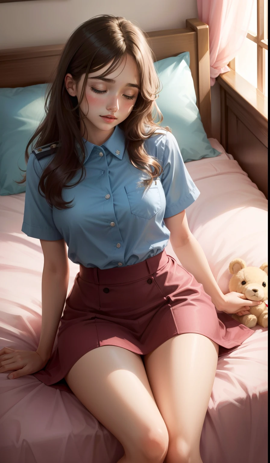 Sleeping Girl, 20 years old, Realistic,Wearing Anna Millers uniform,Open legs, Expressions of satisfaction and relief, Brown hair. Pink bed theme and some cute stuffed animals on the bed,An ultra-high picture quality,high-detail,Get up,