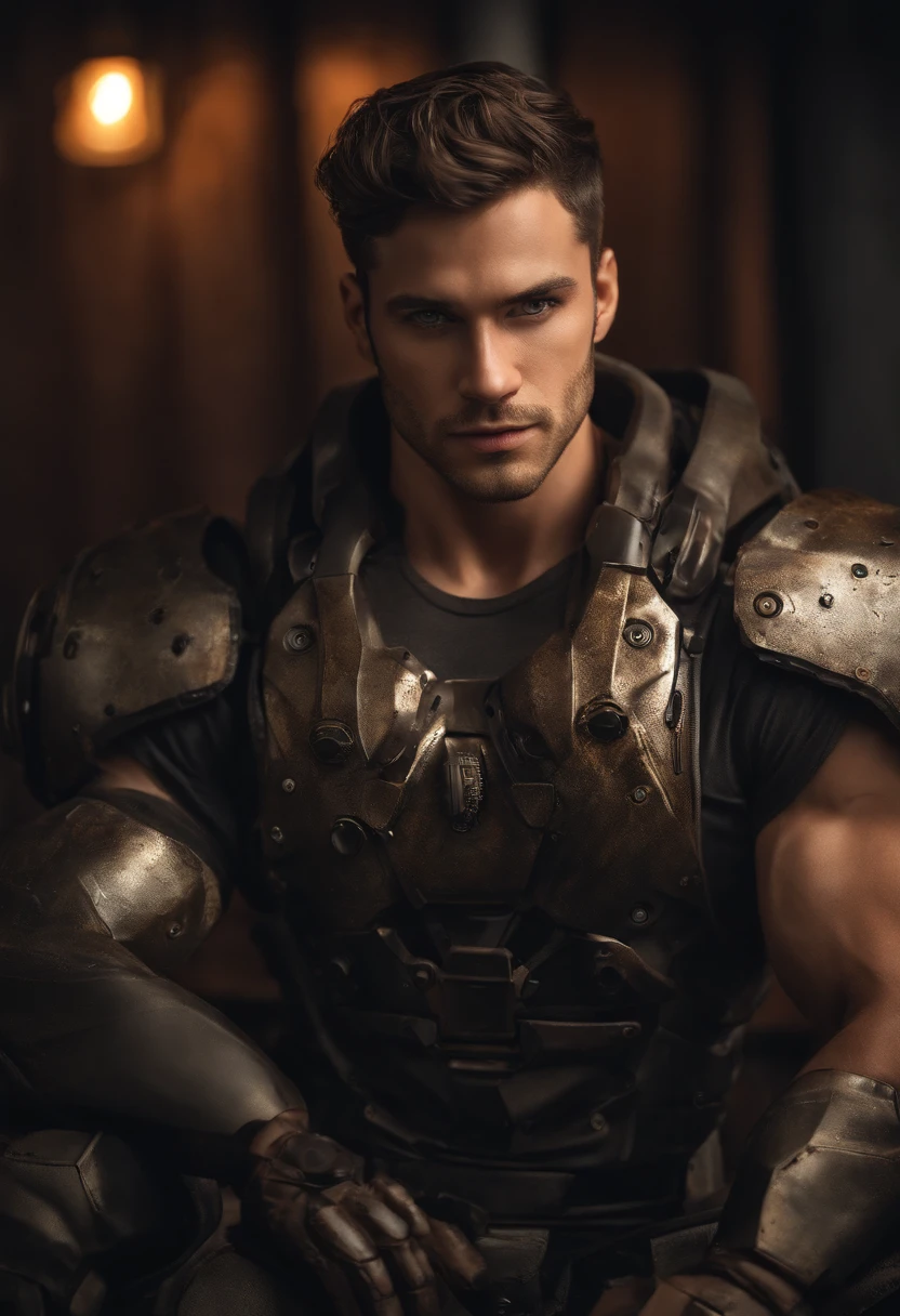 realistic, masterpiece, best quality, cinematic, dynamic lighting, soft shadow, highest detail, professional photography, detailed background, depth of field, insane details, intricate, aesthetic, detailed face, subsurface scattering, realistic hair, realistic eyes, 1boy, muscular, manly, (large pectorals:1), pectorals, abs, Portrait photo of a handsome man in a worn mech suit, rusted metal, sharp focus, photo by mark henderson, soft lighting, vibrant colors, looking at viewer, robot eyes,