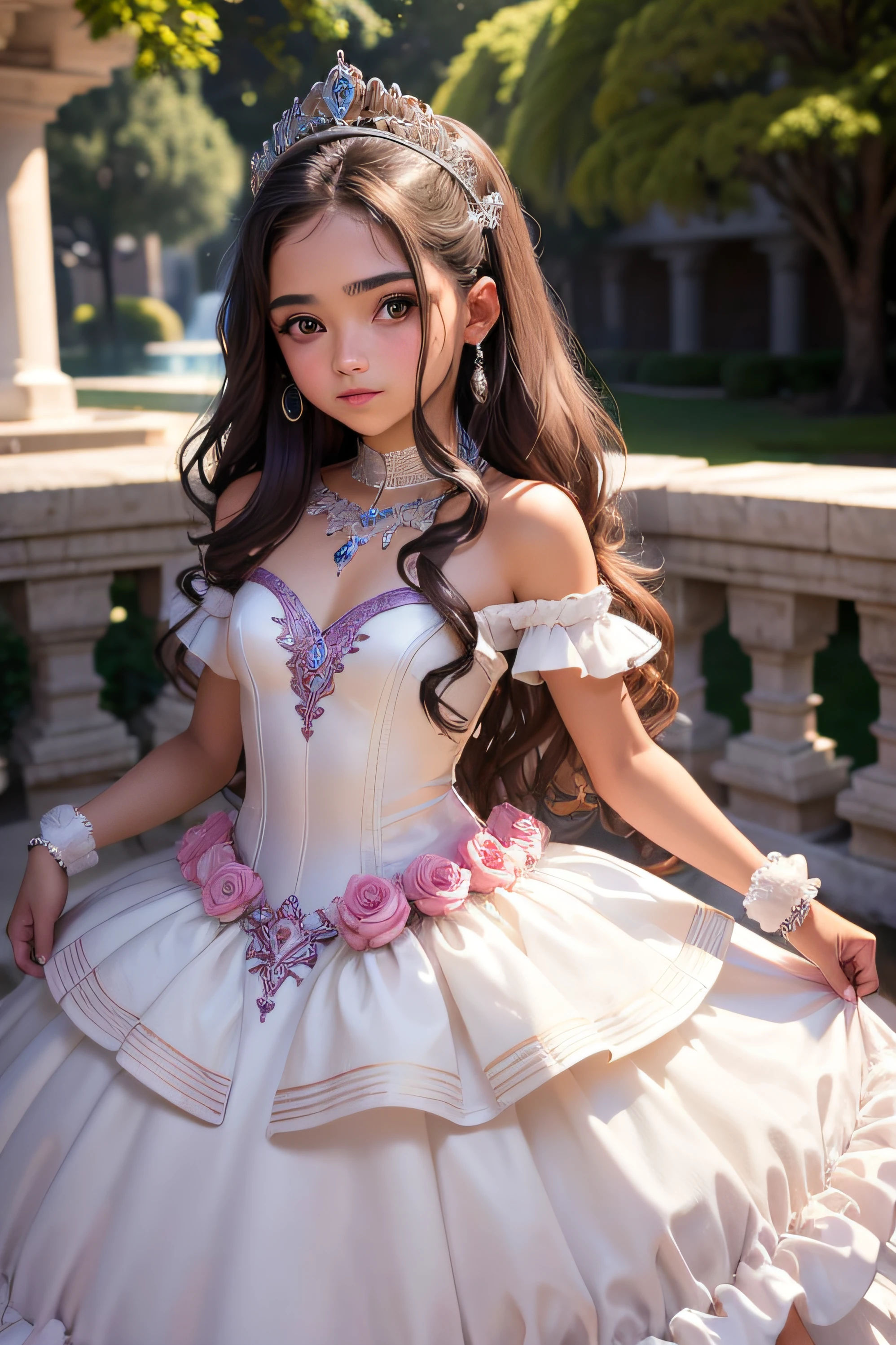 , (((Retrato de extrema belleza))), jovencita, Cabello ondeante, Luz natural, Cara perfecta (Mano perfecta), Visto desde la distancia cuerpo entero, ultra detalle, 8k, Quinceañera, vestido de gala.