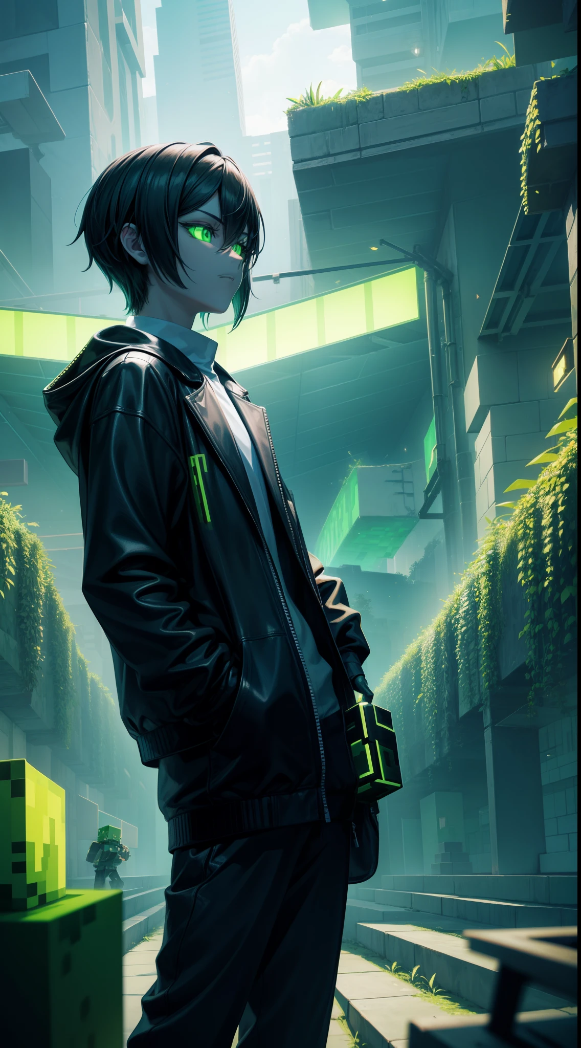 Em um horizonte vasto e pixelado, a scenario inspired by the exciting world of Minecraft emerges. The background is a landscape filled with green cubes, representing the game's iconic aesthetic. The atmosphere is intensified by vibrant neon details and striking shadows in black.
No centro da imagem, A lone character captures attention: o Creeper do jogo minecraft. It is represented with its typical green coloration, com olhos penetrantes e um sorriso sinistro formado por pixels. The Creeper is synonymous with danger and excitement in the world of Minecraft, and their presence creates a sense of intrigue and adrenaline.
Background lighting is provided by a mix of neon lights in shades of bright green, que se espalham pelo terreno e pelos blocos circundantes. These lights give a futuristic and energetic look to the landscape, highlighting the contours of the cubes and providing an attractive contrast with the dark tone of the sky.
Neon details are also visible on the blocks, criando um efeito cintilante e misterioso. They add a touch of modernity to the setting, harking back to the cybernetic style of Minecraft.
No entanto, even with that air of mystery and neon, the background retains the essence of the world of Minecraft, with its aesthetics of blocks and characteristic colors. The combination of the Creeper's classic green with neon and black accents creates a unique and captivating atmosphere, perfeita para transportar os espectadores para a emocionante aventura do jogo.