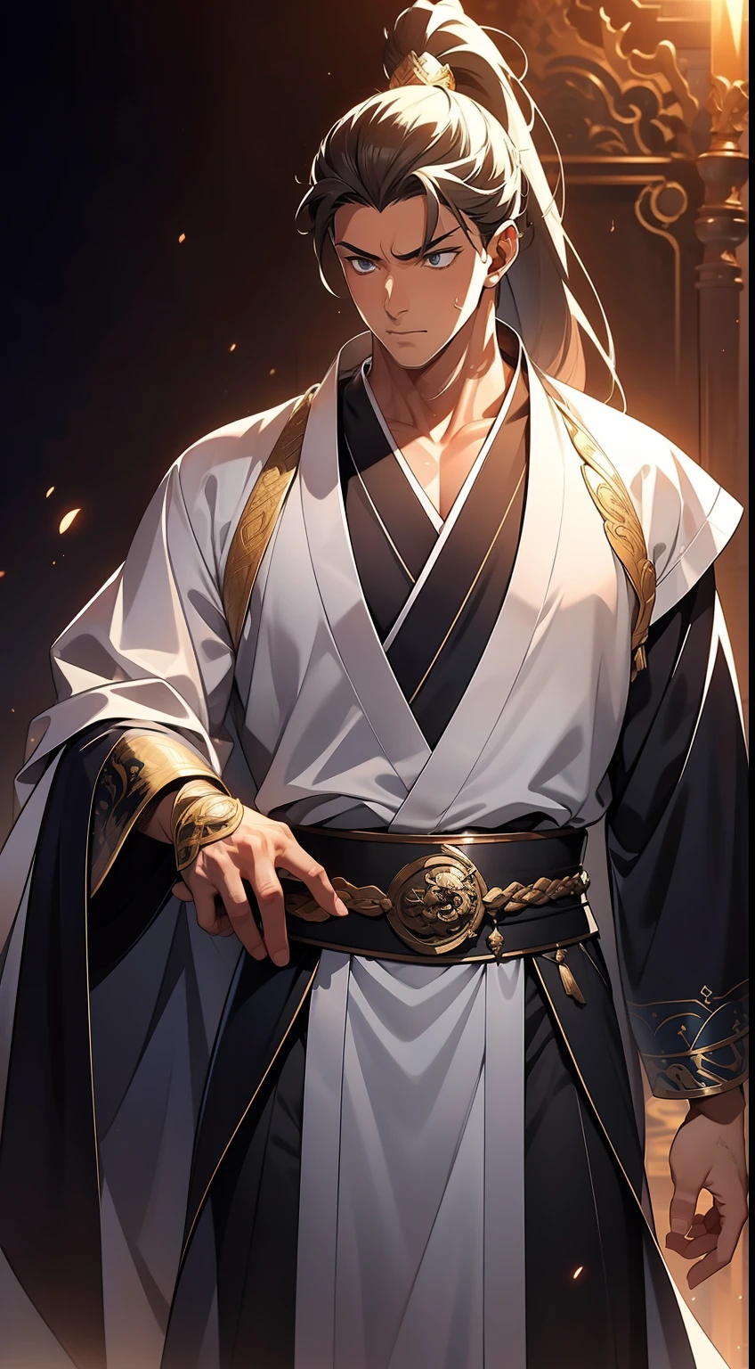 quadratic element，style of anime，mtu（Male Warrior），The proportions are correct，Face details，swordsmen，High ponytail hairstyle，Neck details，There is an Adam's apple，White robe，kaftan，long white robe，clothes details，Handing over，longer sleeves，Game quality，Swordsmanship，Light and shadow tracking，Ray traching，detailed glow，cg render，hair detail，cabelos preto e longos，blue colored eyes，Handsome，Handsome，（juvenile sense），Clothing is complicated，Perfectcomposition，Refinement，high qulity，higher details，Lots of details，The background is complex，a sense of atmosphere，