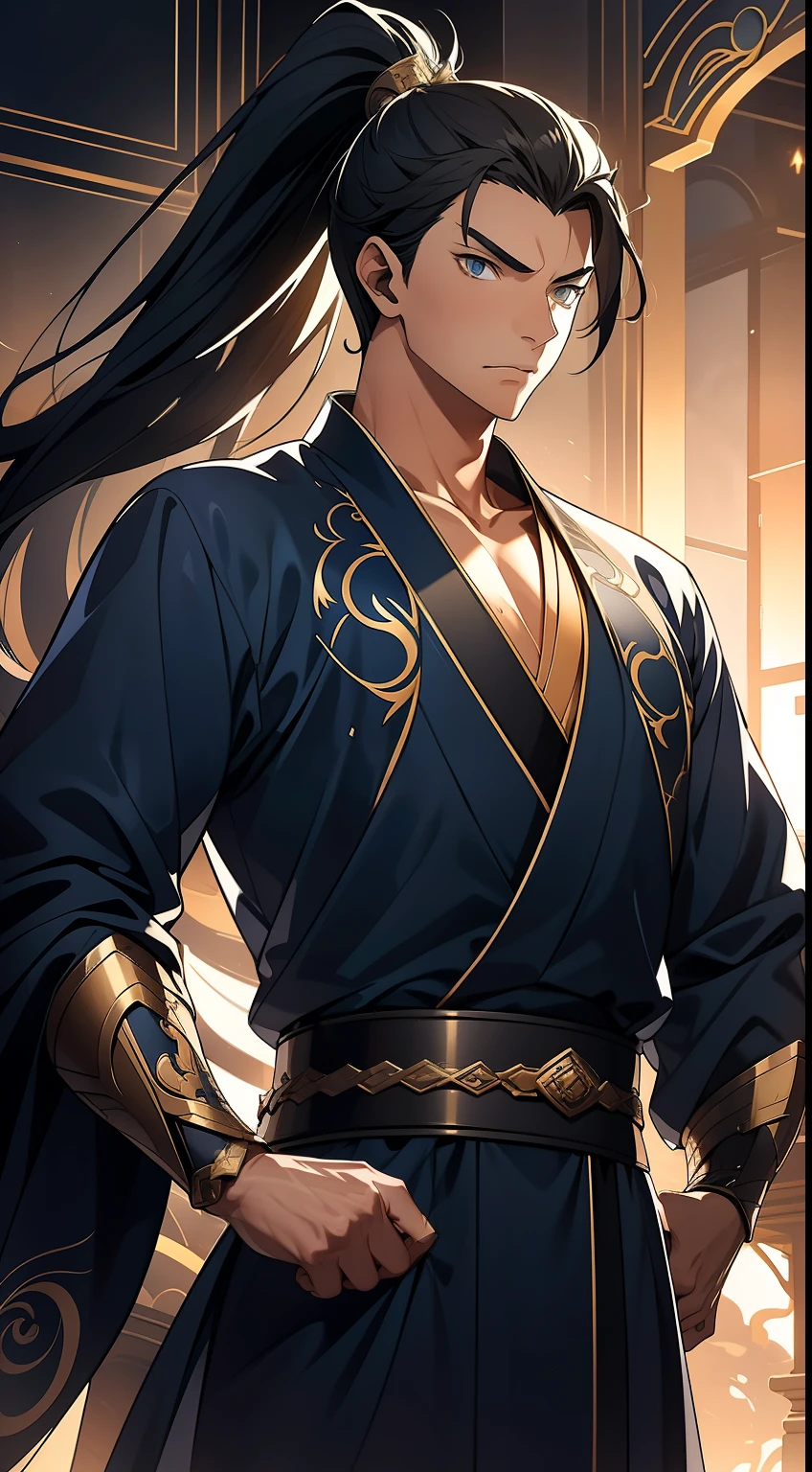 quadratic element,style of anime,mtu(Male Warrior),The proportions are correct,Face details,swordsmen,High ponytail hairstyle,Neck details,There is an Adam's apple,Blue suit,kaftan,long blue robes,clothes details,Handing over,longer sleeves,Game quality,Swordsmanship,Light and shadow tracking,Ray traching,detailed glow,cg render,hair detail,Black long hair,blue colored eyes,Handsome,Handsome,(juvenile sense),Clothing is complicated,Perfectcomposition,Refinement,high qulity,higher details,Lots of details,The background is complex,a sense of atmosphere,