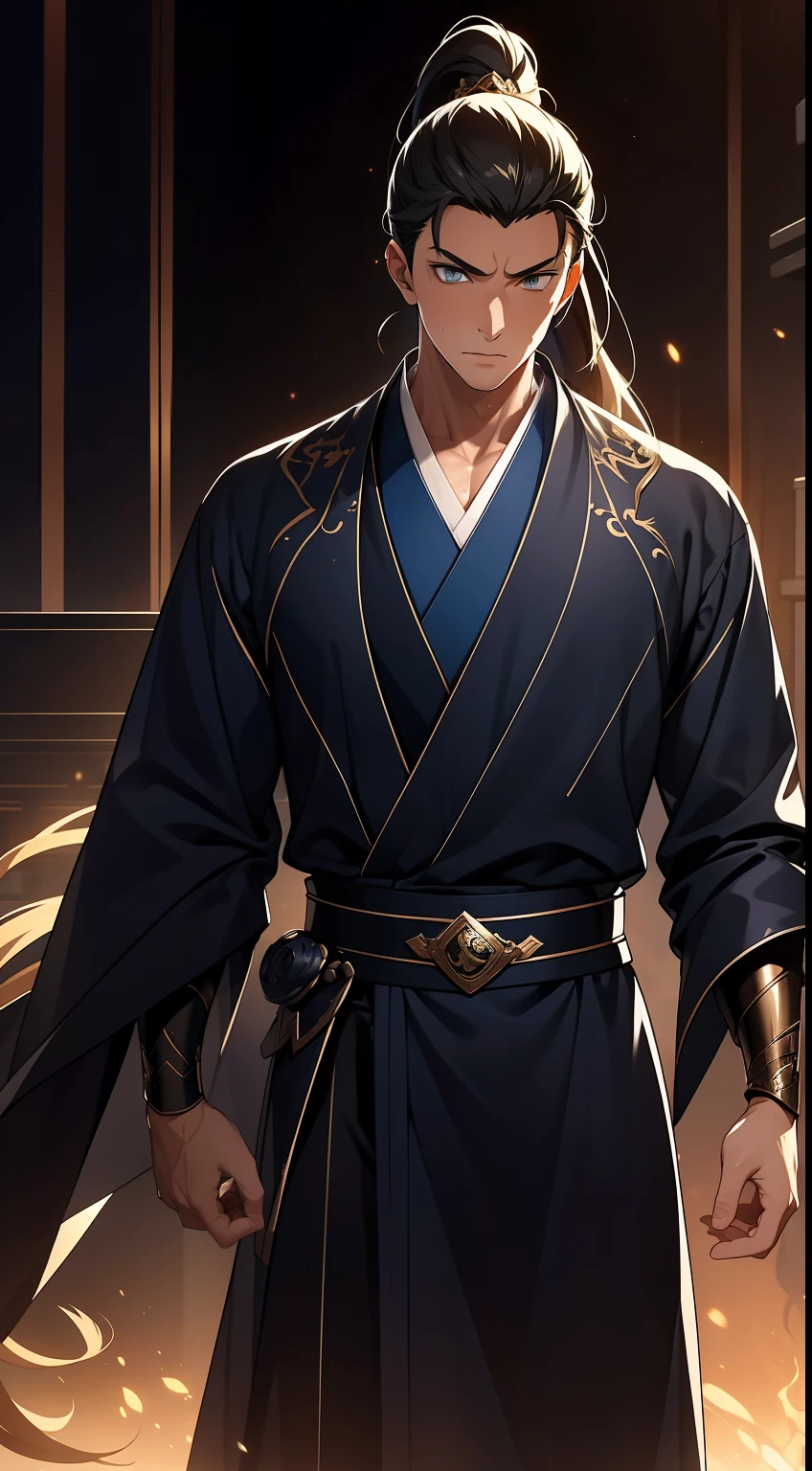 quadratic element,style of anime,mtu(Male Warrior),The proportions are correct,Face details,swordsmen,High ponytail hairstyle,Neck details,There is an Adam's apple,Blue suit,kaftan,long blue robes,clothes details,Handing over,longer sleeves,Game quality,Swordsmanship,Light and shadow tracking,Ray traching,detailed glow,cg render,hair detail,Black long hair,blue colored eyes,Handsome,Handsome,(juvenile sense),Clothing is complicated,Perfectcomposition,Refinement,high qulity,higher details,Lots of details,The background is complex,a sense of atmosphere,