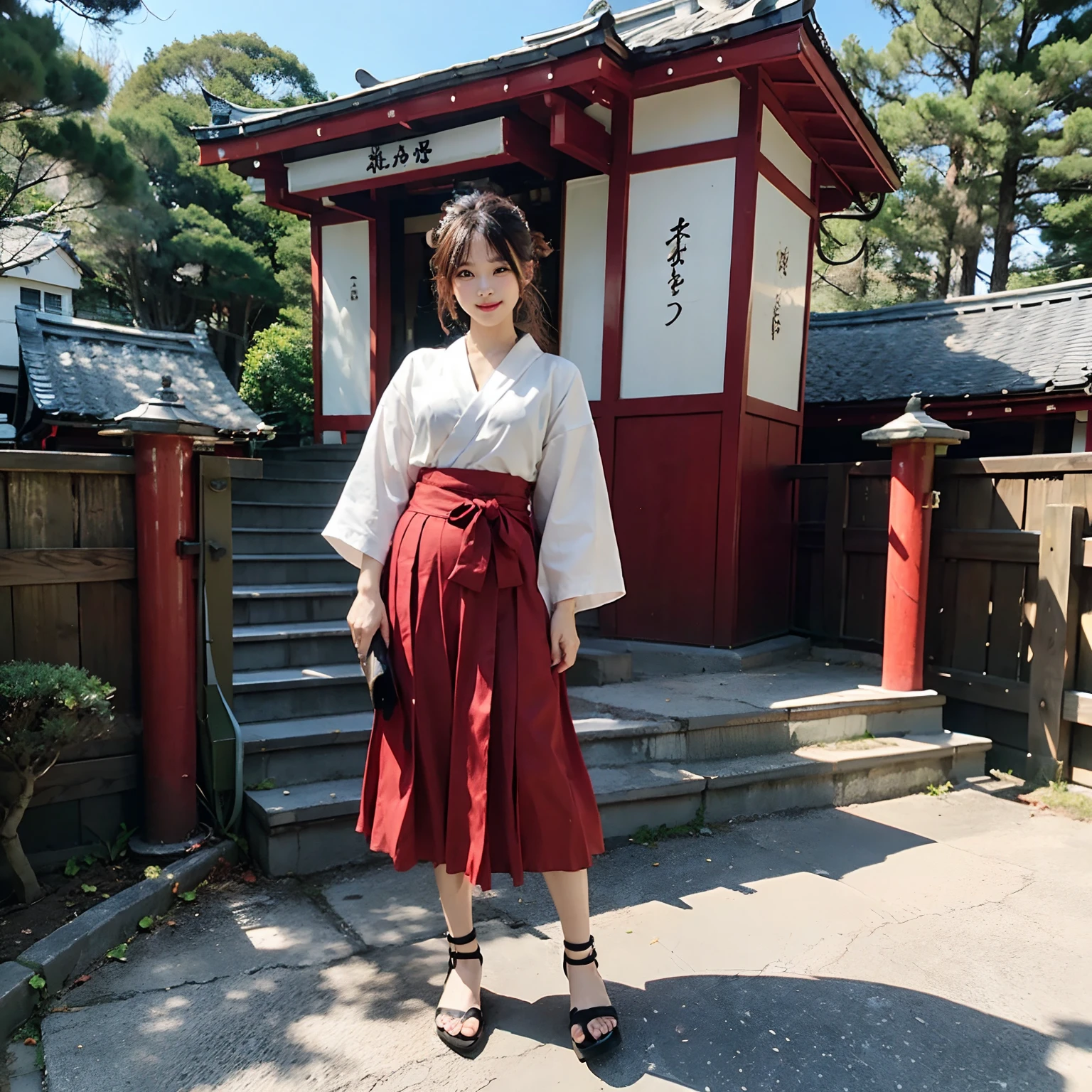 Woman in red skirt and white shirt is taking pictures, japanese girl school uniform, hakama kimono, Japan school uniform, Collar white and red, A Japanese style, Red kimono, Japanese style, traditional japanese, Wearing Hakama, japanese kimono,Outdoor background,The background is a shrine，No bra，feet visible ，You can see the valley ，cleavage of the breast ，Furisode ，Wide sleeves ，Wearing a priestess uniform ，Chest revealed ，The chest is visible ，japanes ，Natural smile ，standing athletic pose ，Standing ，full body seen ，fullbody image