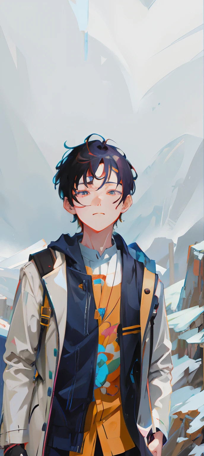 anime character with a backpack and a mountain in the background, artwork in the style of guweiz, inspired by Yanjun Cheng, guweiz, digital anime illustration, anime style portrait, inspired by Bian Shoumin, anime artstyle, in an anime style, high quality anime artstyle, anime style character, anime styled digital art