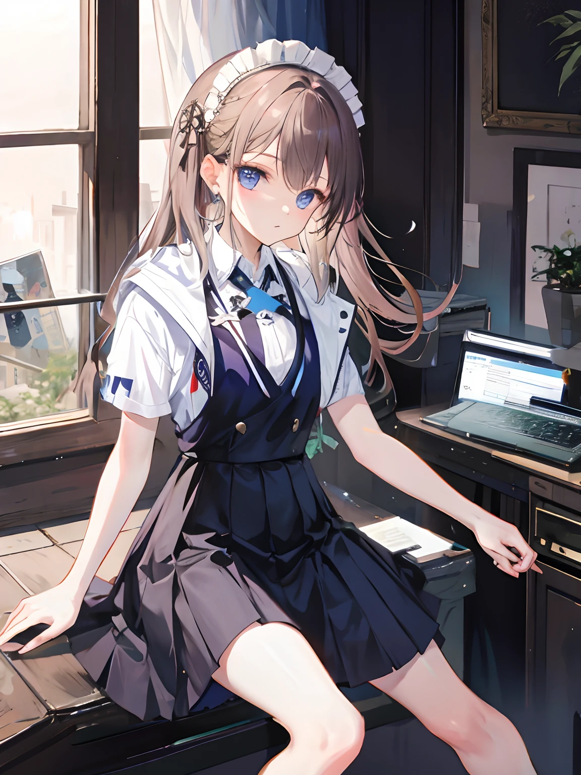 (Best Quality,high resolution:1.2),ultra detailed,realist:1.37, pretty young girl sitting at her school desk, She wears a  with a long skirt and a short shirt, It&#39;s very hot and he&#39;s holding a bottle of water in his hand., and in the other hand a pencil ready to do his homework.