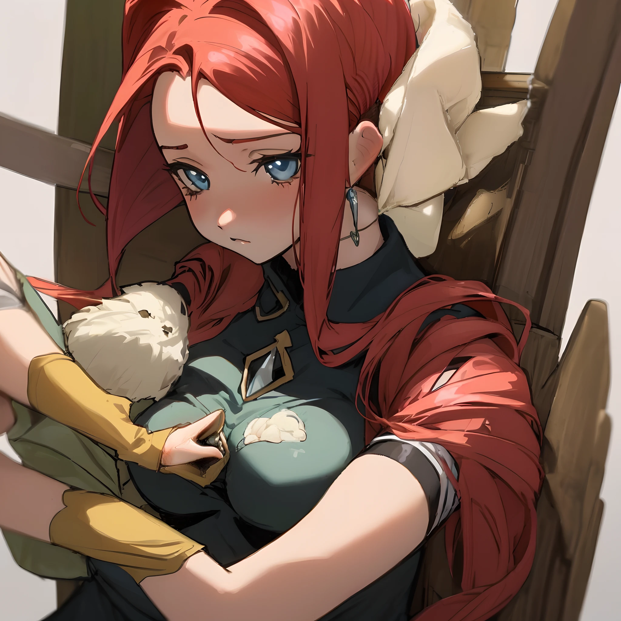 Anime girl with red hair holding a stuffed animal in her arms, Arte no estilo de Guweiz, Guweiz em Pixiv ArtStation, Guweiz em ArtStation Pixiv, Krenz Cushart e Artgerm, Guweiz, Wlop e Krenz Cushart, trending on artstation pixiv