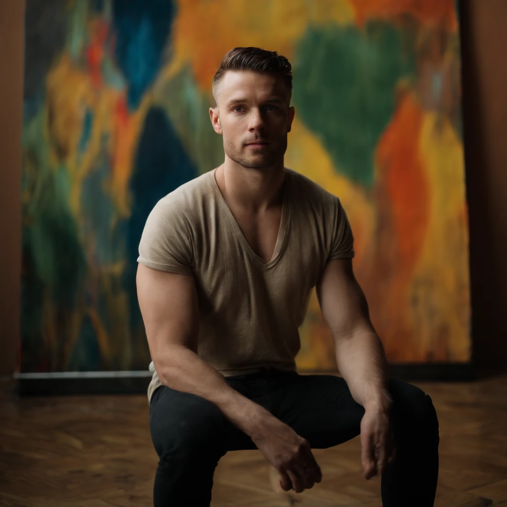 medium long shot photo of a handsome mid-twenty scottish man, sitting naked at abstract painting during the day (uncut shaved flaccid penis), well lit