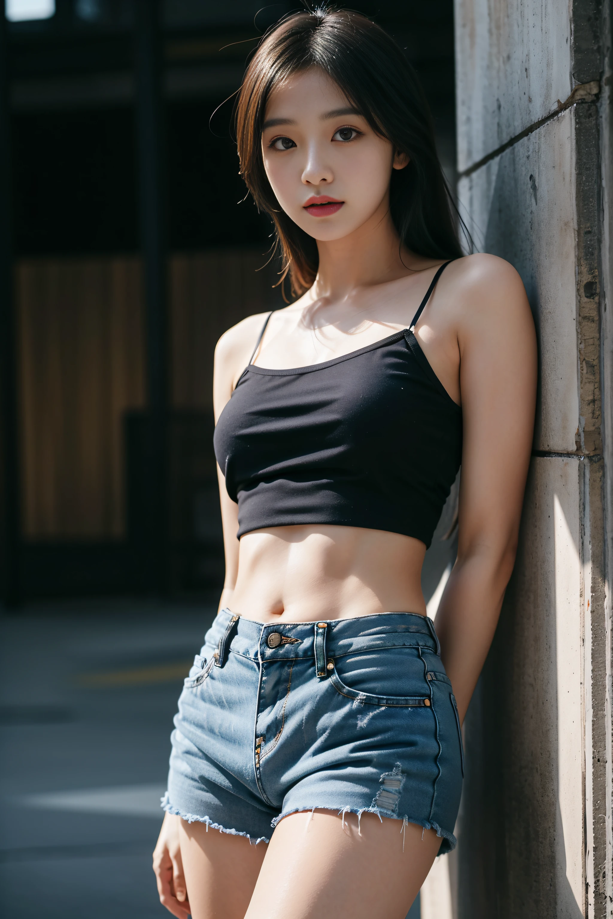 (Best quality, Complex details: 1.2) ,1 girl,White skin, Solo, (camisole), Denim shorts,