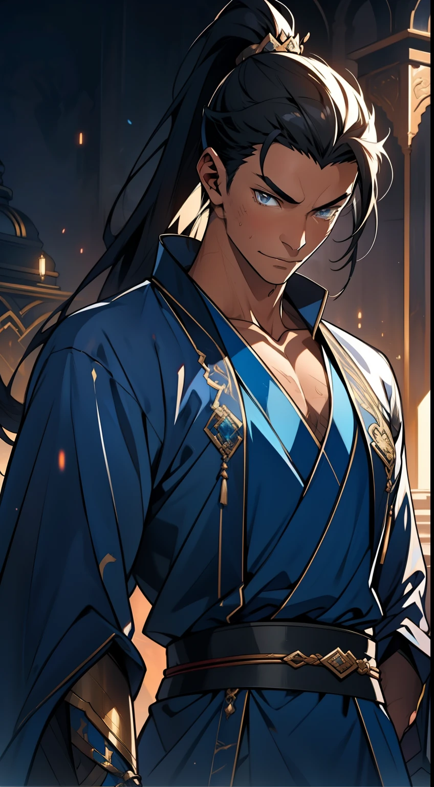 quadratic element,style of anime,mtu(Male Warrior),The proportions are correct,Face details,swordsmen,High ponytail hairstyle,Neck details,There is an Adam's apple,Blue suit,kaftan,long blue robes,clothes details,Handing over,longer sleeves,Game quality,Swordsmanship,Light and shadow tracking,Ray traching,detailed glow,cg render,hair detail,Black long hair,blue colored eyes,Handsome,Handsome,(juvenile sense),Clothing is complicated,Perfectcomposition,Refinement,high qulity,higher details,Lots of details,The background is complex,a sense of atmosphere,