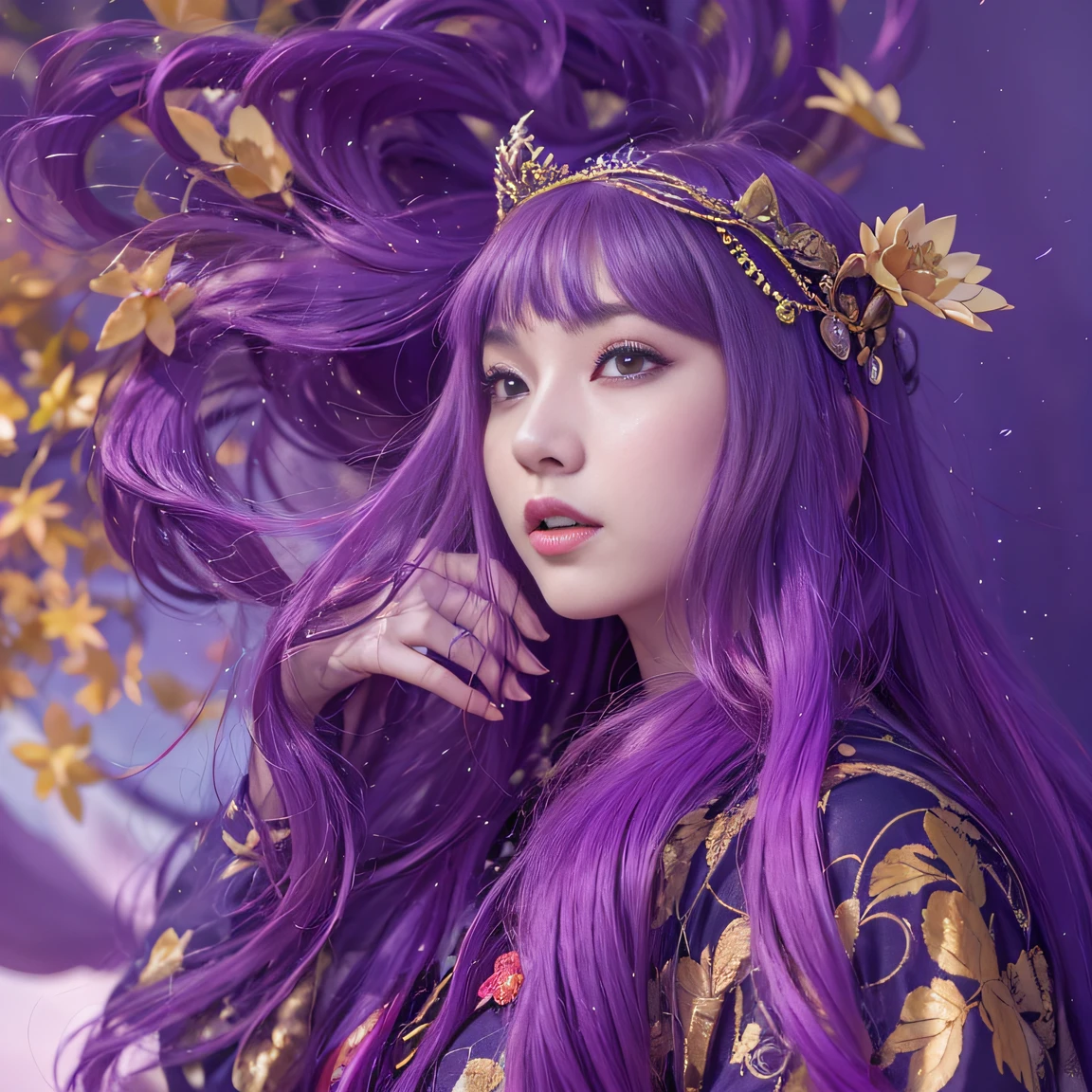 Genki Girl 32K(tmasterpiece,k hd,hyper HD,32K)Long flowing bright purple hair,Autumn Pond,zydink, a color, Asian people (Genki girl), (Silk scarf), Combat posture, looking at the ground, long whitr hair, Floating bright purple, Fire cloud pattern gold tiara, Chinese long-sleeved gold silk garment, (Abstract metaverse splash:1.2), white backgrounid,Lotus vitality protector(realisticlying:1.4),Bright purple hair,Smoke on the road,The background is pure, A high resolution, the detail, RAW photogr, Sharp Re, Nikon D850 Film Stock Photo by Jefferies Lee 4 Kodak Portra 400 Camera F1.6 shots, Rich colors, ultra-realistic vivid textures, Dramatic lighting, Unreal Engine Art Station Trend, cinestir 800,A girl with long flowing bright purple hair