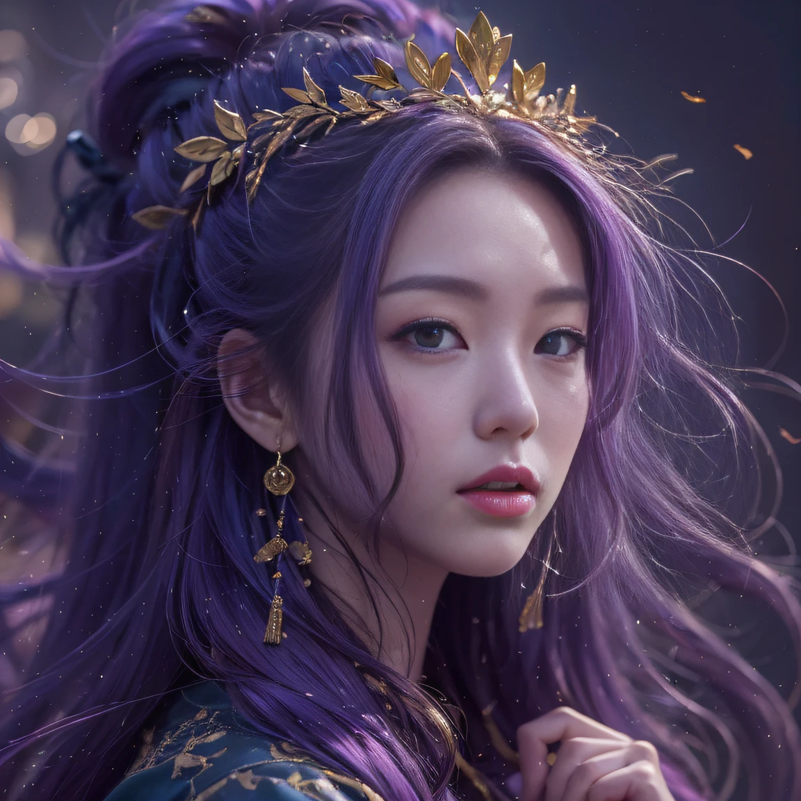 Genki Girl 32K(tmasterpiece,k hd,hyper HD,32K)Long flowing bright purple hair,Autumn Pond,zydink, a color, Asian people (Genki girl), (Silk scarf), Combat posture, looking at the ground, long whitr hair, Floating bright purple, Fire cloud pattern gold tiara, Chinese long-sleeved gold silk garment, (Abstract metaverse splash:1.2), white backgrounid,Lotus vitality protector(realisticlying:1.4),Bright purple hair,Smoke on the road,The background is pure, A high resolution, the detail, RAW photogr, Sharp Re, Nikon D850 Film Stock Photo by Jefferies Lee 4 Kodak Portra 400 Camera F1.6 shots, Rich colors, ultra-realistic vivid textures, Dramatic lighting, Unreal Engine Art Station Trend, cinestir 800,A girl with long flowing bright purple hair