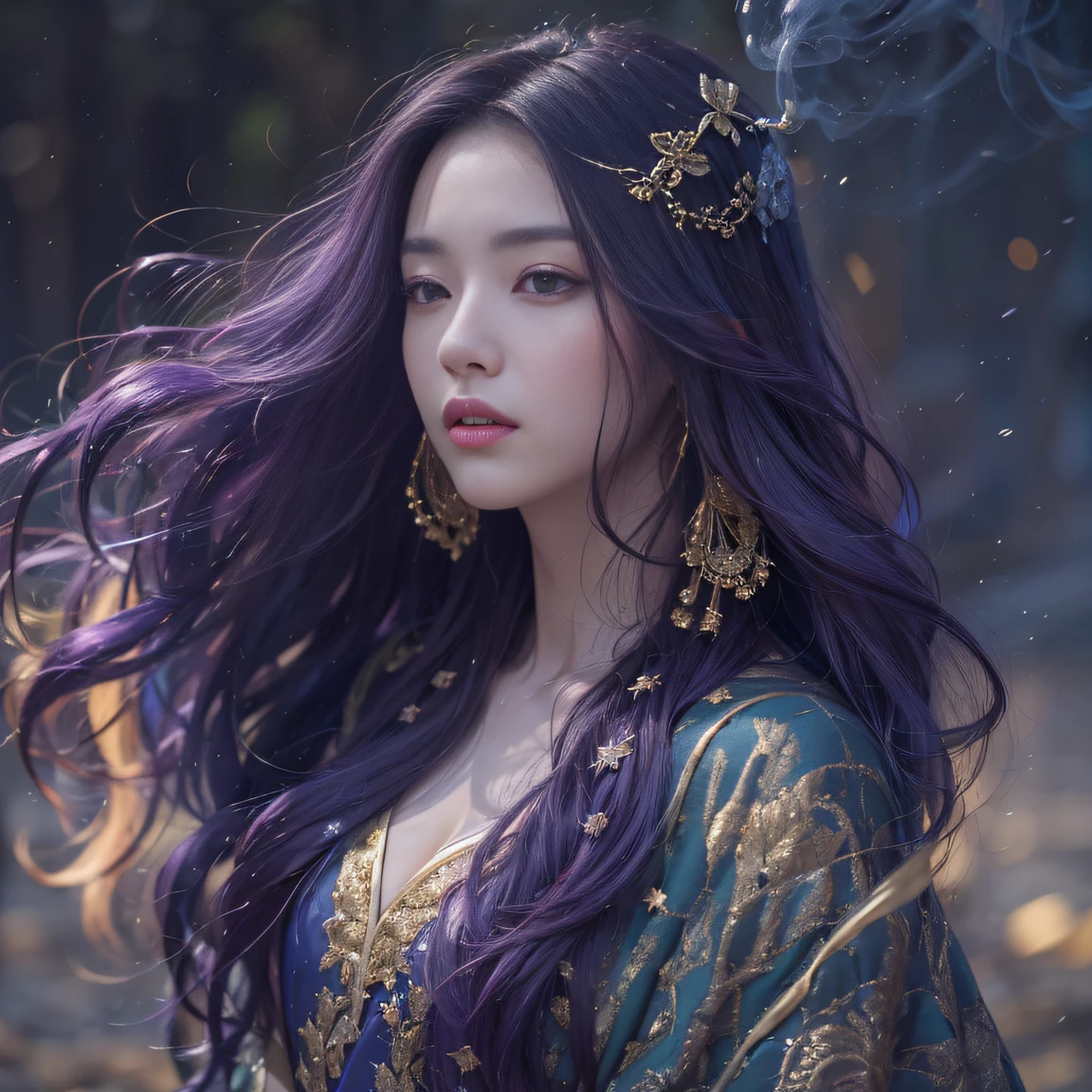 Genki Girl 32K（tmasterpiece，k hd，hyper HD，32K）Long flowing bright purple hair，Autumn Pond，zydink， a color， Asian people （Genki girl）， （Silk scarf）， Combat posture， looking at the ground， long whitr hair， Floating bright purple， Fire cloud pattern gold tiara， Chinese long-sleeved gold silk garment， （Abstract metaverse splash：1.2）， white backgrounid，Lotus vitality protector（realisticlying：1.4），Bright purple hair，Smoke on the road，The background is pure， A high resolution， the detail， RAW photogr， Sharp Re， Nikon D850 Film Stock Photo by Jefferies Lee 4 Kodak Portra 400 Camera F1.6 shots, Rich colors, ultra-realistic vivid textures, Dramatic lighting, Unreal Engine Art Station Trend, cinestir 800，A girl with long flowing bright purple hair