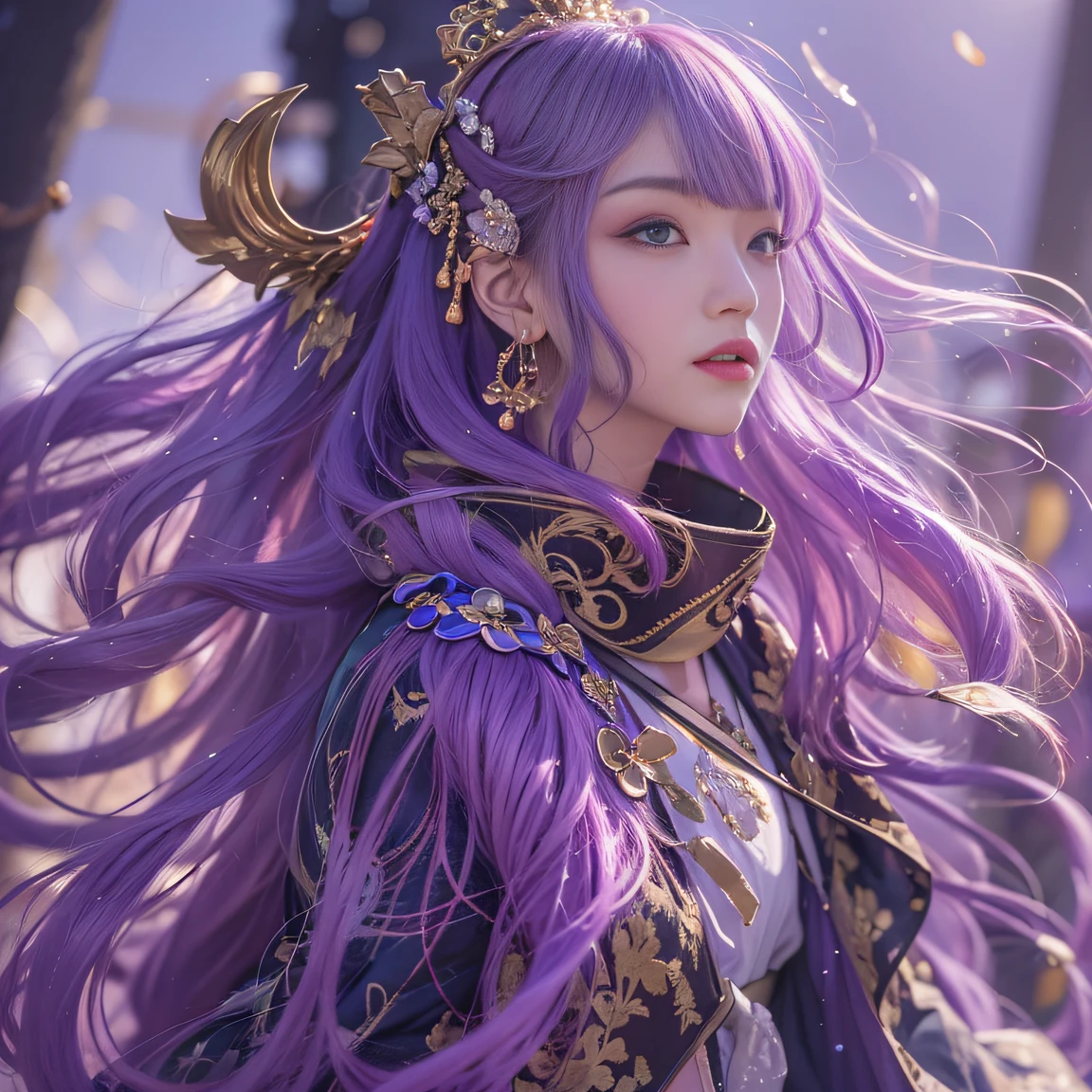 Genki Girl 32K(tmasterpiece,k hd,hyper HD,32K)Long flowing bright purple hair,Autumn Pond,zydink, a color, Asian people (Genki girl), (Silk scarf), Combat posture, looking at the ground, long whitr hair, Floating bright purple, Fire cloud pattern gold tiara, Chinese long-sleeved gold silk garment, (Abstract metaverse splash:1.2), white backgrounid,Lotus vitality protector(realisticlying:1.4),Bright purple hair,Smoke on the road,The background is pure, A high resolution, the detail, RAW photogr, Sharp Re, Nikon D850 Film Stock Photo by Jefferies Lee 4 Kodak Portra 400 Camera F1.6 shots, Rich colors, ultra-realistic vivid textures, Dramatic lighting, Unreal Engine Art Station Trend, cinestir 800,A girl with long flowing bright purple hair