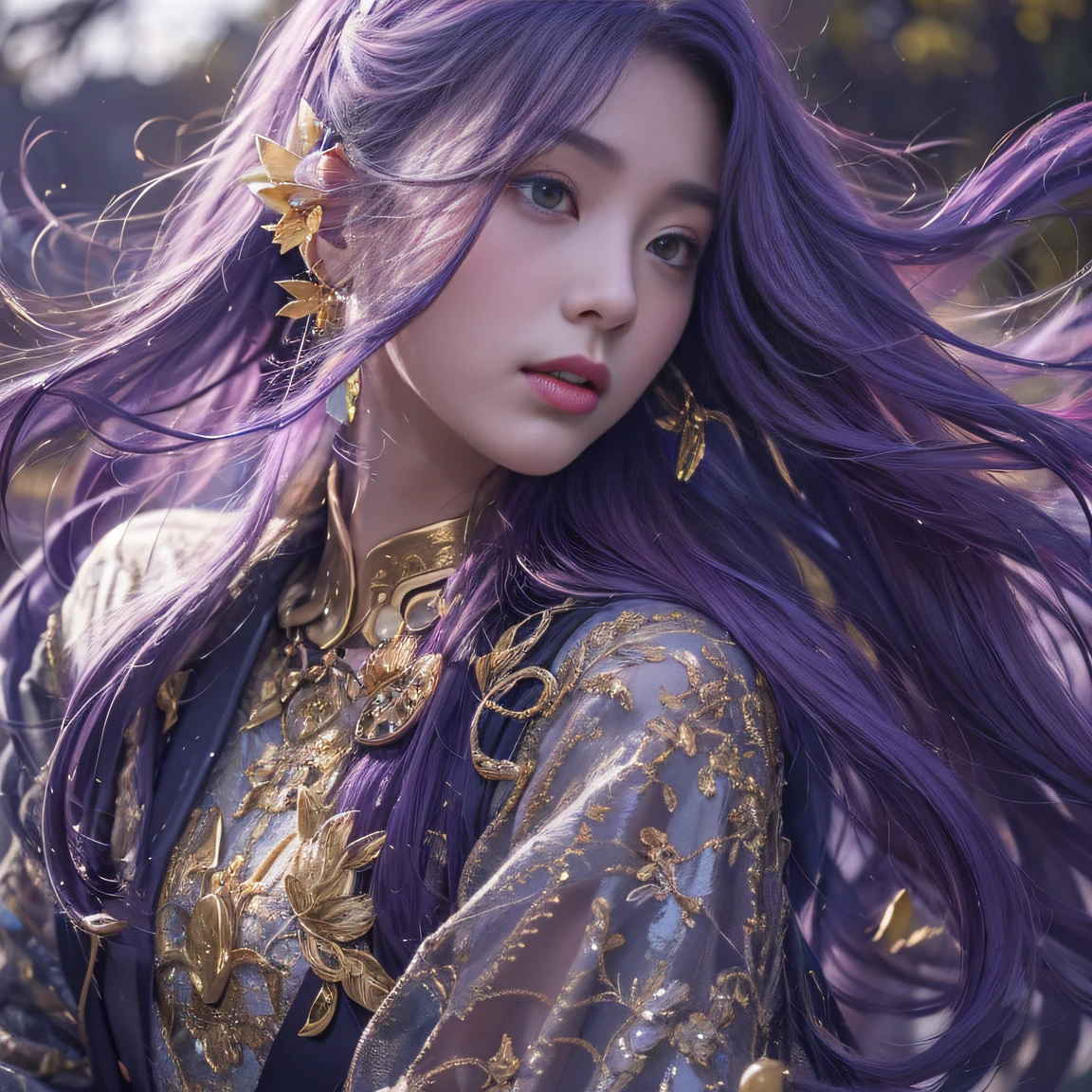 Genki Girl 32K（tmasterpiece，k hd，hyper HD，32K）Long flowing bright purple hair，Autumn Pond，zydink， a color， Asian people （Genki girl）， （Silk scarf）， Combat posture， looking at the ground， long whitr hair， Floating bright purple， Fire cloud pattern gold tiara， Chinese long-sleeved gold silk garment， （Abstract metaverse splash：1.2）， white backgrounid，Lotus vitality protector（realisticlying：1.4），Bright purple hair，Smoke on the road，The background is pure， A high resolution， the detail， RAW photogr， Sharp Re， Nikon D850 Film Stock Photo by Jefferies Lee 4 Kodak Portra 400 Camera F1.6 shots, Rich colors, ultra-realistic vivid textures, Dramatic lighting, Unreal Engine Art Station Trend, cinestir 800，A girl with long flowing bright purple hair