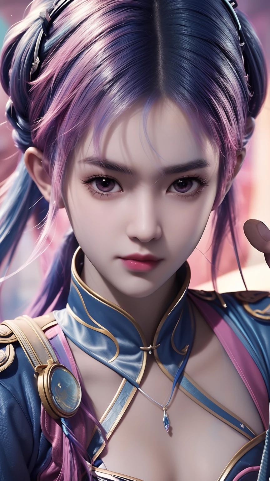 Ninja woman with peace headset, Bright eyes with stars, beautiful  face, RGB kernel, Bright pink hair, colorful anime, Bright background, Banner for Youku video, happy girls, Cloud with RGB cores, Bright RGB kernel, completo, Immortals, Gamer girl with sword in hand, banks.