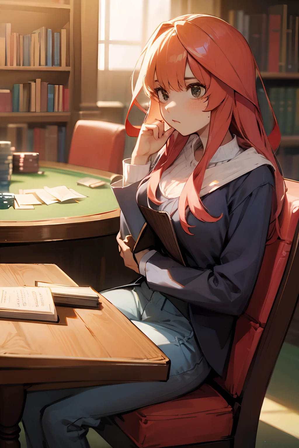 Confused woman in a library while reading a book sitting at a table, with a poker face