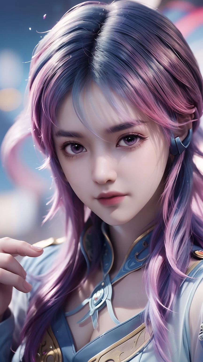 Ninja woman with peace headset, Bright eyes with stars, beautiful  face, RGB kernel, Bright pink hair, colorful anime, Bright background, Banner for Youku video, happy girls, Cloud with RGB cores, Bright RGB kernel, completo, Immortals, Gamer girl with sword in hand, banks.