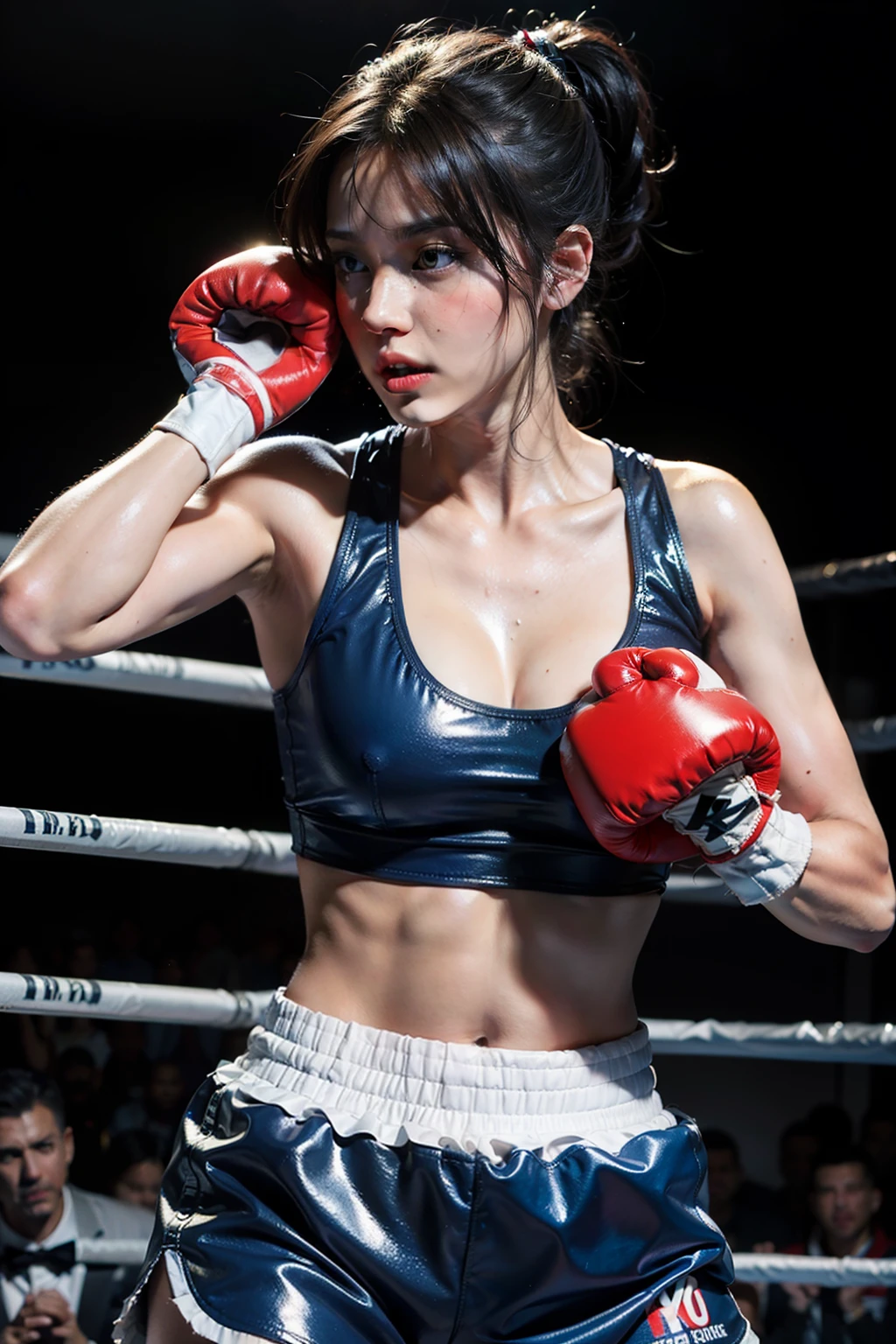 (original) , (very detailed wallpaper) , (best quality) , (masterpiece) , photographic reality, realistic, very detailed illustrations, (1 girl) , beautiful eyes, (delicate face) , perfect detail, (super complex details) , (boxing girl) , (aggressive punching) , sweat, heavy breathing, (oppressive attack) , (boxing ring) , athletic shorts, perfect detail, perfect fingers, perfect limbs, impact, (shiny skin) , abs, muscles, waistline,boxing shorts, fist fight, K unified, topless(super detailed CG: 1.2) , (8K: 1.2) , realistic, octane rendering