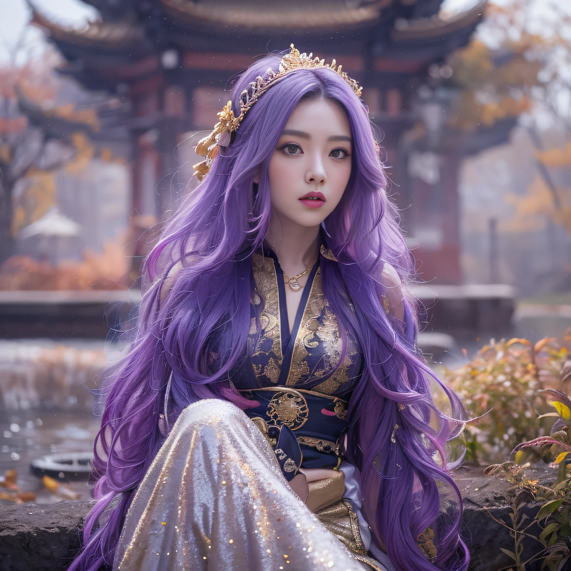 Genki Girl 32K(tmasterpiece,k hd,hyper HD,32K)Long flowing bright purple hair,Autumn Pond,zydink, a color, Asian people (Genki girl), (Silk scarf), Combat posture, looking at the ground, long whitr hair, Floating bright purple, Fire cloud pattern gold tiara, Chinese long-sleeved gold silk garment, (Abstract metaverse splash:1.2), white backgrounid,Lotus vitality protector(realisticlying:1.4),Bright purple hair,Smoke on the road,The background is pure, A high resolution, the detail, RAW photogr, Sharp Re, Nikon D850 Film Stock Photo by Jefferies Lee 4 Kodak Portra 400 Camera F1.6 shots, Rich colors, ultra-realistic vivid textures, Dramatic lighting, Unreal Engine Art Station Trend, cinestir 800,A girl with long flowing bright purple hair