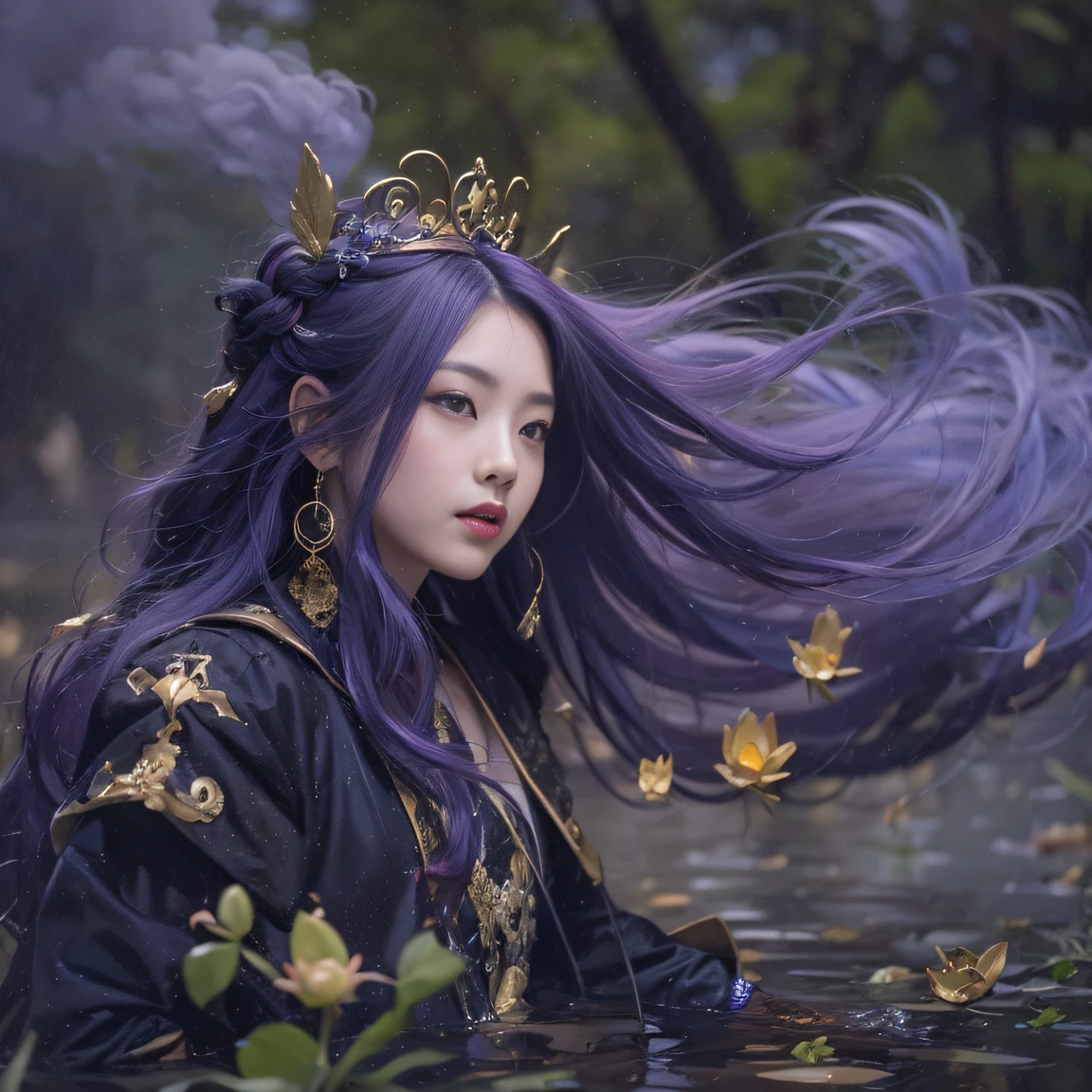 Genki Girl 32K（tmasterpiece，k hd，hyper HD，32K）Long flowing bright purple hair，Autumn Pond，zydink， a color， Asian people （Genki girl）， （Silk scarf）， Combat posture， looking at the ground， long whitr hair， Floating bright purple， Fire cloud pattern gold tiara， Chinese long-sleeved gold silk garment， （Abstract metaverse splash：1.2）， white backgrounid，Lotus vitality protector（realisticlying：1.4），Bright purple hair，Smoke on the road，The background is pure， A high resolution， the detail， RAW photogr， Sharp Re， Nikon D850 Film Stock Photo by Jefferies Lee 4 Kodak Portra 400 Camera F1.6 shots, Rich colors, ultra-realistic vivid textures, Dramatic lighting, Unreal Engine Art Station Trend, cinestir 800，A girl with long flowing bright purple hair