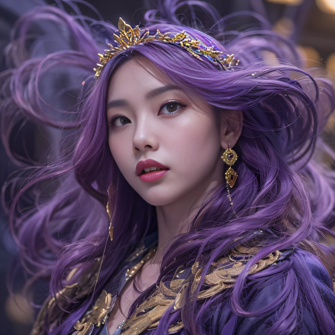 Genki Girl 32K（tmasterpiece，k hd，hyper HD，32K）Long flowing bright purple hair，Autumn Pond，zydink， a color， Asian people （Genki girl）， （Silk scarf）， Combat posture， looking at the ground， long whitr hair， Floating bright purple， Fire cloud pattern gold tiara， Chinese long-sleeved gold silk garment， （Abstract metaverse splash：1.2）， white backgrounid，Lotus vitality protector（realisticlying：1.4），Bright purple hair，Smoke on the road，The background is pure， A high resolution， the detail， RAW photogr， Sharp Re， Nikon D850 Film Stock Photo by Jefferies Lee 4 Kodak Portra 400 Camera F1.6 shots, Rich colors, ultra-realistic vivid textures, Dramatic lighting, Unreal Engine Art Station Trend, cinestir 800，A girl with long flowing bright purple hair