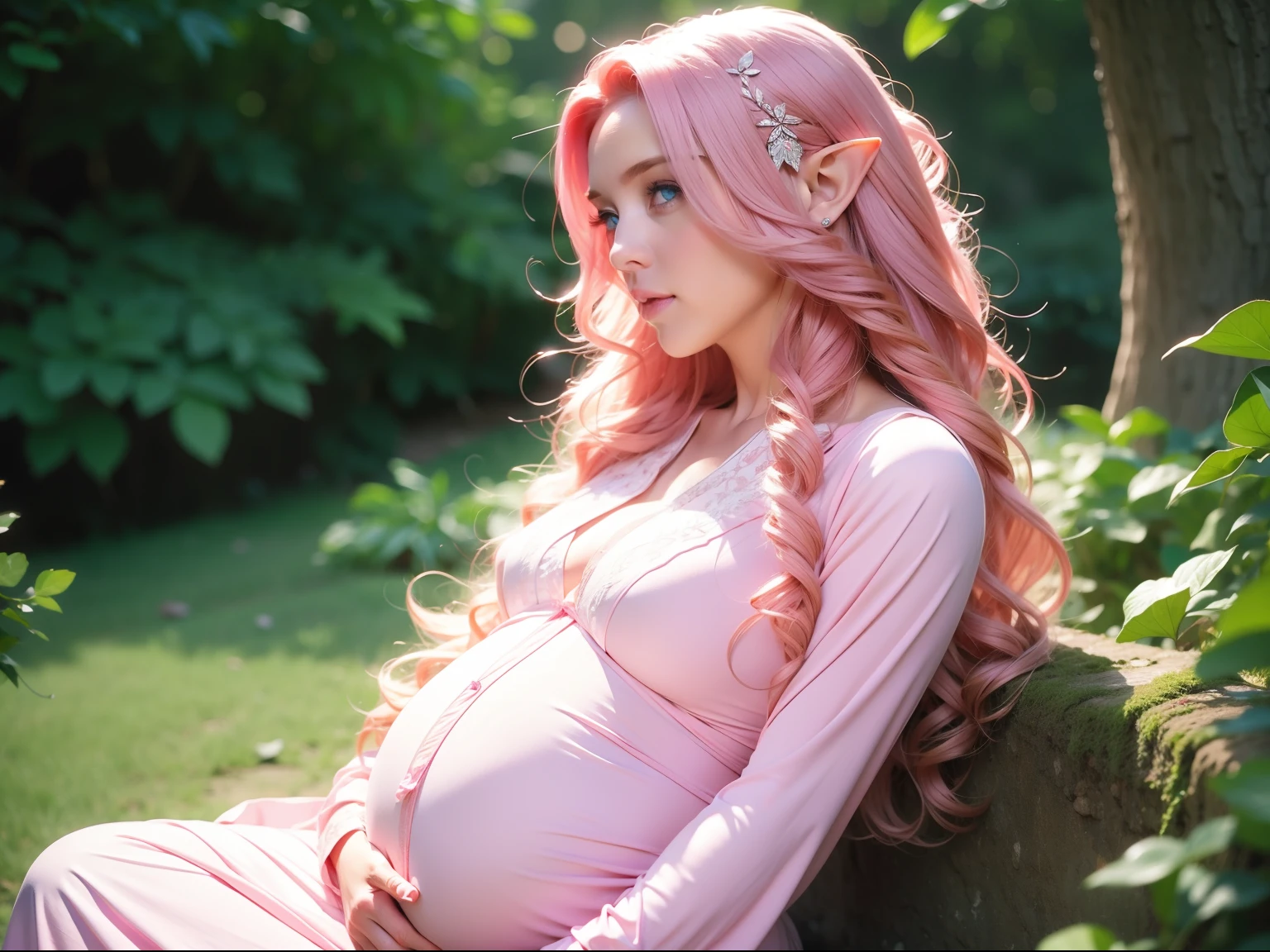 a woman, long curly hair, pink hair, blue eyes, elf, pregnant, sitting