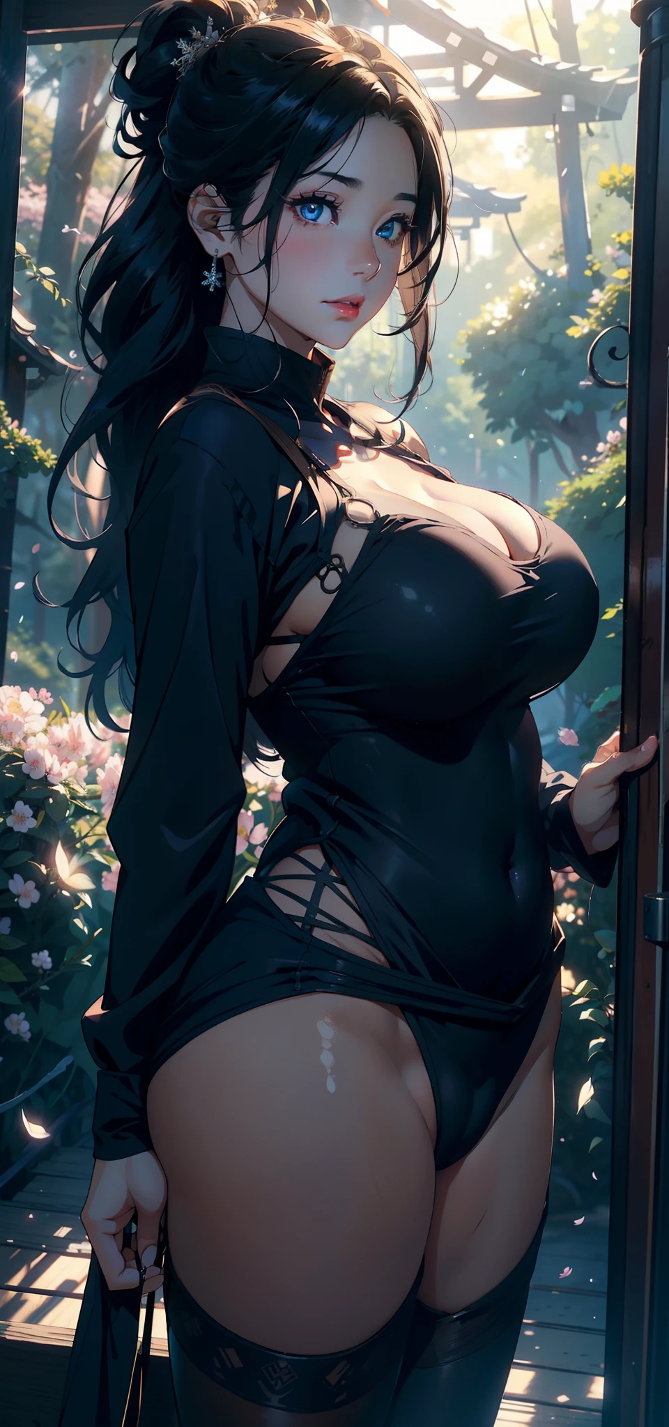 1female,35yo,A MILF,plumw,extremely large bosom, 独奏,(Background with:Cherry blossom forest,ln the forest)Deep in the forest, She has very short black hair,bobo head,Maiden Station,,seen from the front, hair straight, mostly cloudy sky,(((tmasterpiece),(Very detailed CG unity 8K wallpaper),best qualtiy,cinmatic lighting,detailed back ground,beatiful detailed eyes,Bright pupils,Blue eyes,(Very fine and beautiful),(Beautiful and detailed eye description),ultra - detailed,tmasterpiece,))Redlip,facing at camera,A high resolution,ultra - detailed),Camel toes,Flushed complexion,Desire for dissatisfaction,frontage,SakuraNS ,navy,Snowflake decoration,(Wearing:Bare genitalia,Bare breasts,black colored leggings)