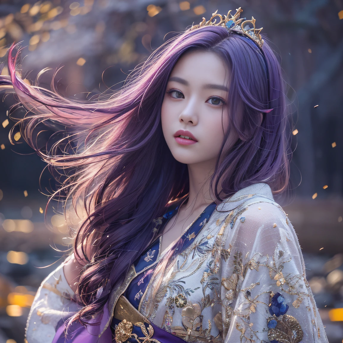 Genki Girl 32K(tmasterpiece,k hd,hyper HD,32K)Long flowing bright purple hair,Autumn Pond,zydink, a color, Asian people (Genki girl), (Silk scarf), Combat posture, looking at the ground, long whitr hair, Floating bright purple, Fire cloud pattern gold tiara, Chinese long-sleeved gold silk garment, (Abstract metaverse splash:1.2), white backgrounid,Lotus vitality protector(realisticlying:1.4),Bright purple hair,Smoke on the road,The background is pure, A high resolution, the detail, RAW photogr, Sharp Re, Nikon D850 Film Stock Photo by Jefferies Lee 4 Kodak Portra 400 Camera F1.6 shots, Rich colors, ultra-realistic vivid textures, Dramatic lighting, Unreal Engine Art Station Trend, cinestir 800,A girl with long flowing bright purple hair