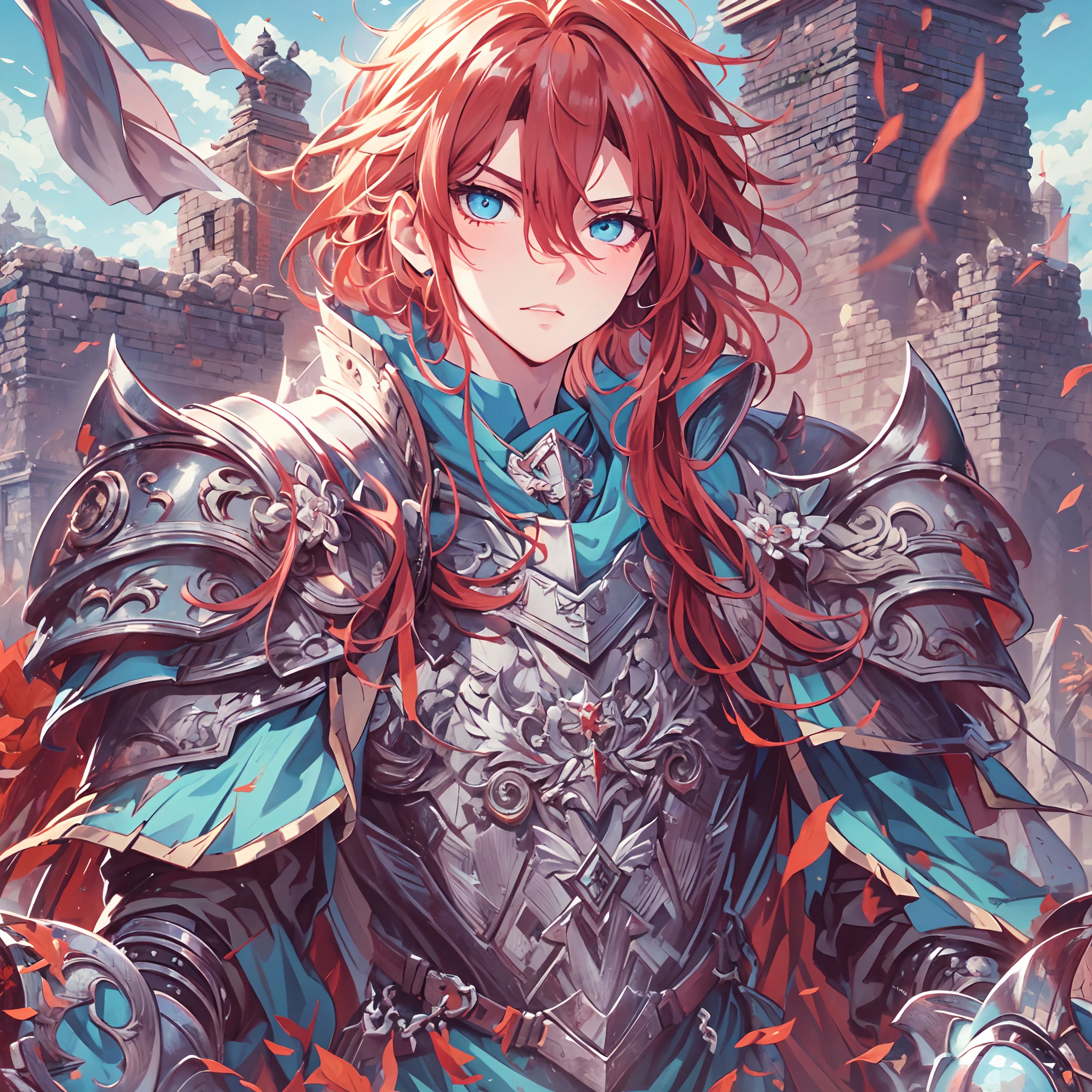 Ultra High Definition, Ultra High Quality, Extremely Detailed, Perfectly Detailed, Masterpiece, 8k, 1 Boy, Look A Like Xin From Kingdom Anime, Handsome, Equipped With Royal Knight Armor, Solid Light Blue Eyes, Long Red Hair, Body Shot, Ancient Kingdom Background