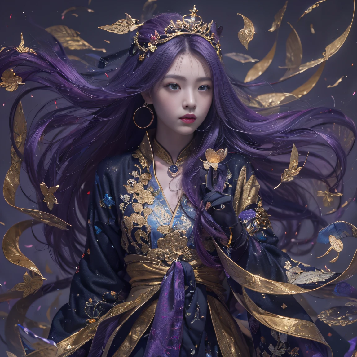 Genki Girl 32K(tmasterpiece,k hd,hyper HD,32K)Long flowing bright purple hair,Autumn Pond,zydink, a color, Asian people (Genki girl), (Silk scarf), Combat posture, looking at the ground, long whitr hair, Floating bright purple, Fire cloud pattern gold tiara, Chinese long-sleeved gold silk garment, (Abstract metaverse splash:1.2), white backgrounid,Lotus vitality protector(realisticlying:1.4),Bright purple hair,Smoke on the road,The background is pure, A high resolution, the detail, RAW photogr, Sharp Re, Nikon D850 Film Stock Photo by Jefferies Lee 4 Kodak Portra 400 Camera F1.6 shots, Rich colors, ultra-realistic vivid textures, Dramatic lighting, Unreal Engine Art Station Trend, cinestir 800,A girl with long flowing bright purple hair