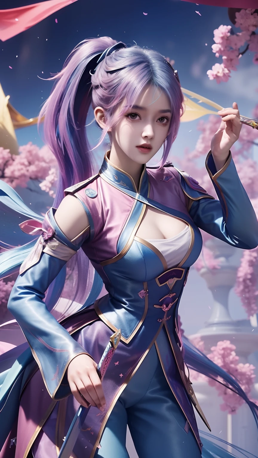 Ninja woman with peace headset, Bright eyes with stars, beautiful  face, RGB kernel, Bright pink hair, colorful anime, Bright background, Banner for Youku video, happy girls, Cloud with RGB cores, Bright RGB kernel, completo, Immortals, Gamer girl with sword in hand, banks.