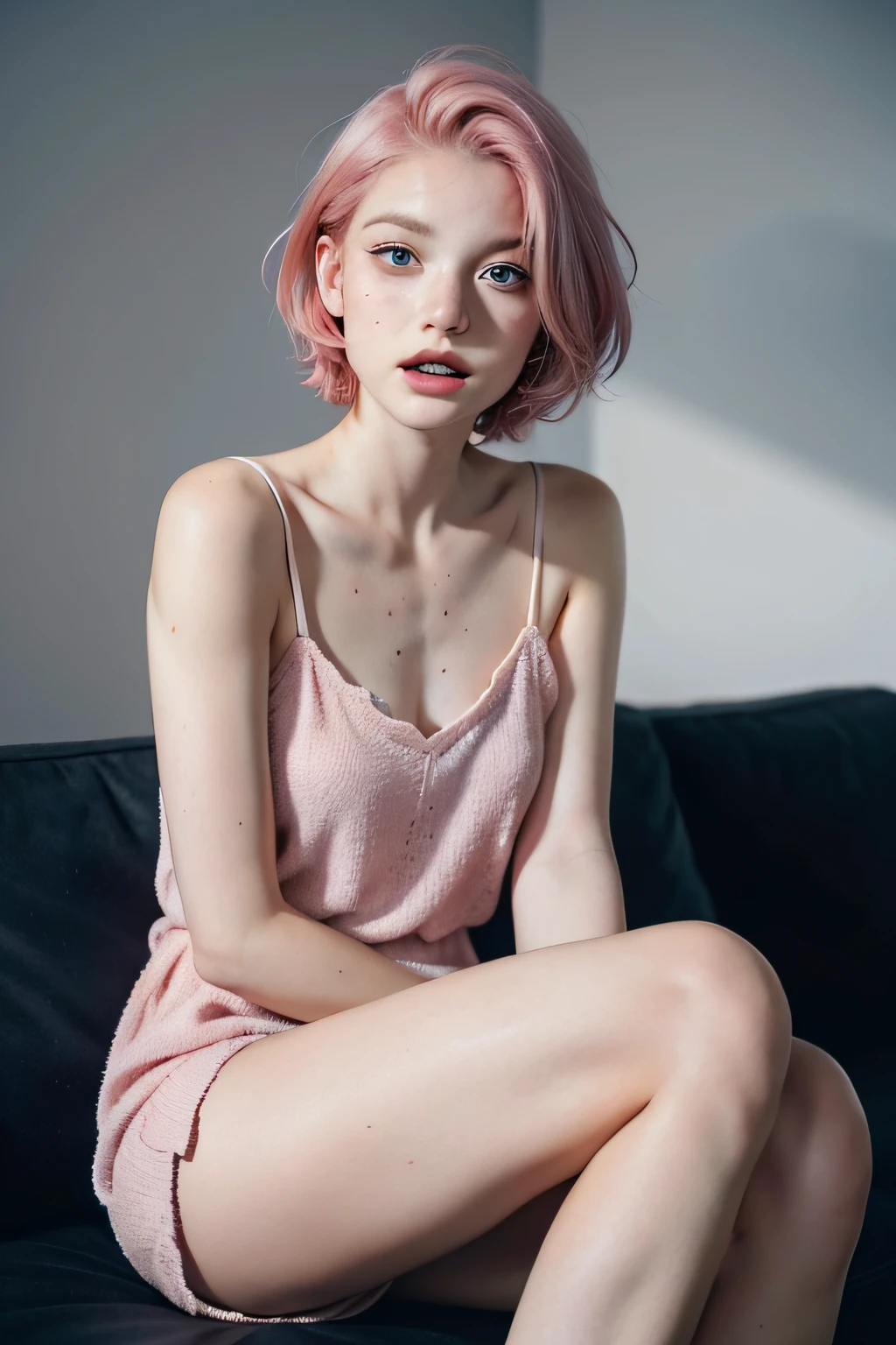 1girll,Short pink hair, The blue eyes are slightly apart, The large teeth are slightly separated, freckles on skin, Pale, medium body, Sit on a comfortable sofa,Cross ed leg,Soft light