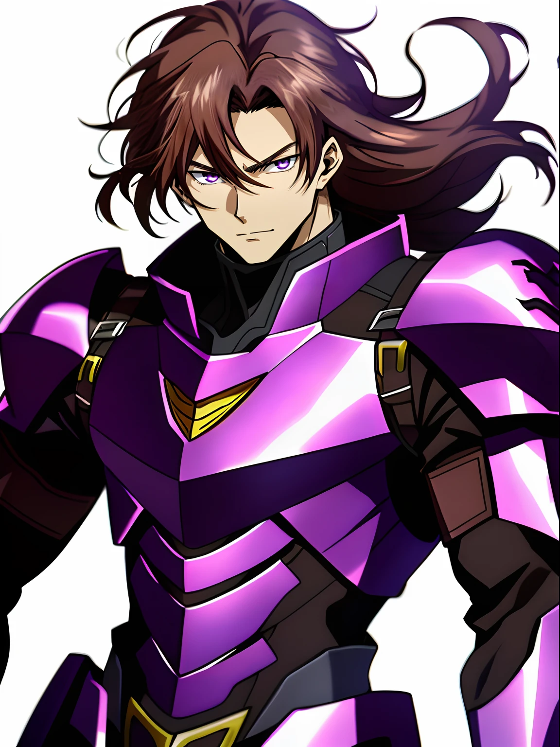 brown  hair, Brown-eyed male anime characters wearing futuristic purple and black armor purple armor,