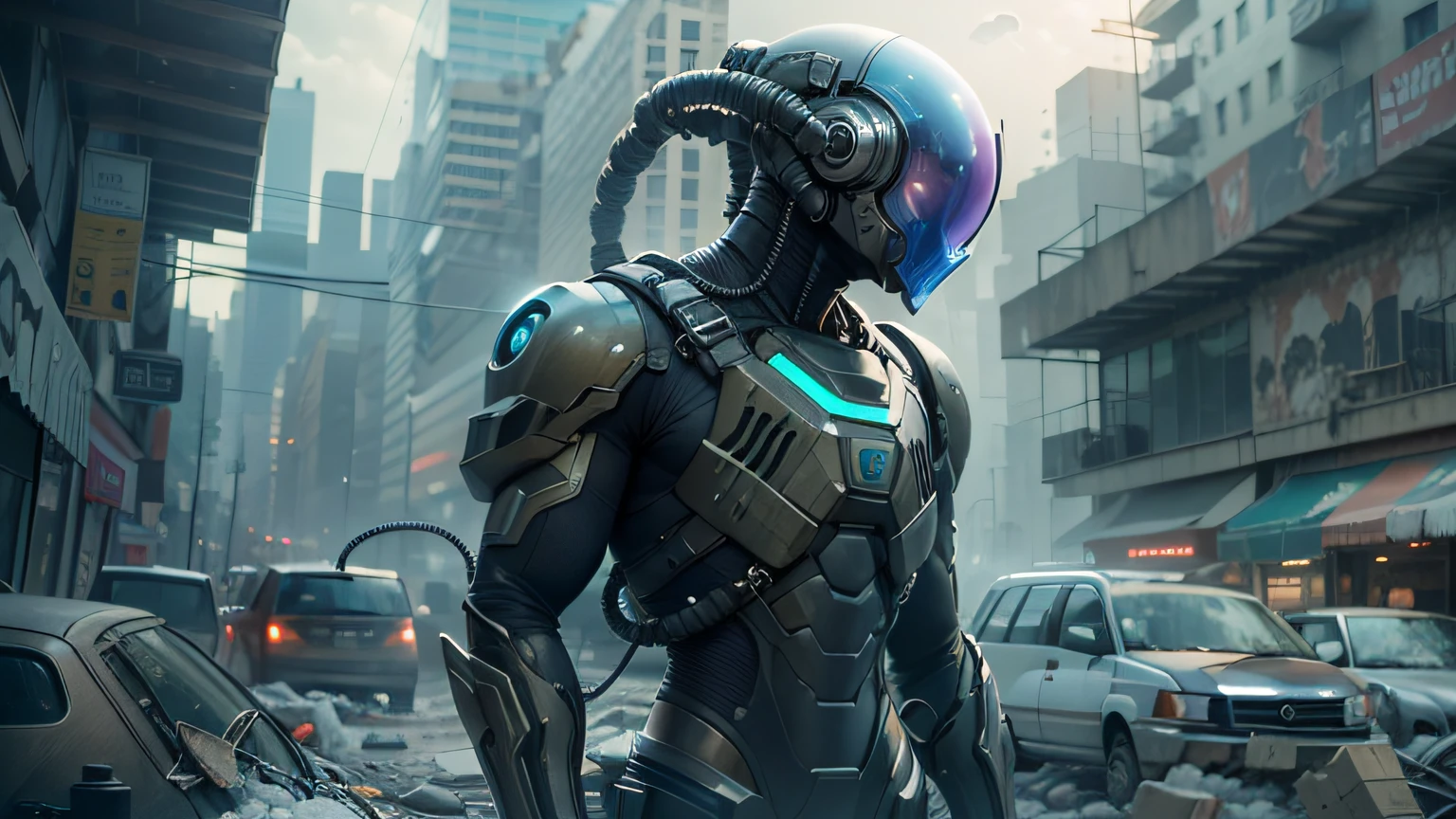 A highly technological and advanced alien soldier in an apocalyptic city