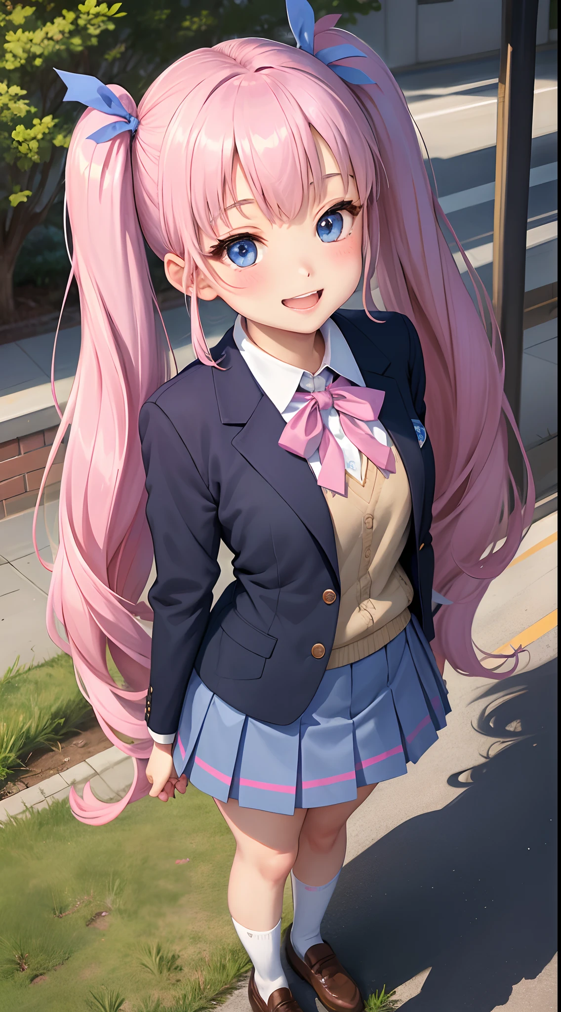 masterpiece:1.2、hightquality、top-quality、hight resolution、detaileds、A hyper-realistic、Beautiful schoolgirl looking mature、adult-like、High School Uniform、Dark blue blazer、Pink mini skirt、Pink ribbon、long hair with pink twin tails,,、Beautiful blue eyes、High school students、独奏、High school grounds、Turf Ground、tilt of the head、Feeling standing、full body Esbian、birdie、rainbows、brilliance、portlate、Lovely smile、Woman showing teeth、(A detailed face)、((foco nítido))、((faces))、The upper part of the body_Body