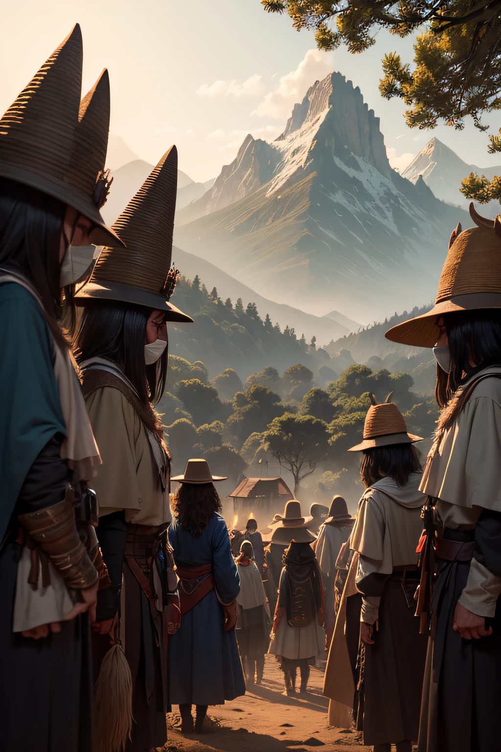 aldeia sendo atacada por lobisomens, while the Seer stands ahead of the villagers, ready to face the threat.