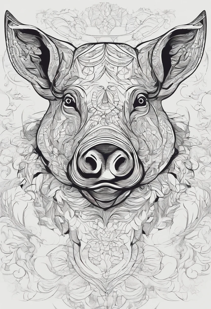 Close-up of pig front head，The lines are smooth and beautiful，Abstract exaggeration，higher details