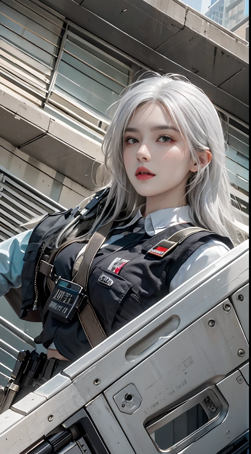 Photorealistic, high resolution, 1womanl, Solo, Hips up, view the viewer, (Detailed face), White hair, SWAT vests, Gun, jewelry