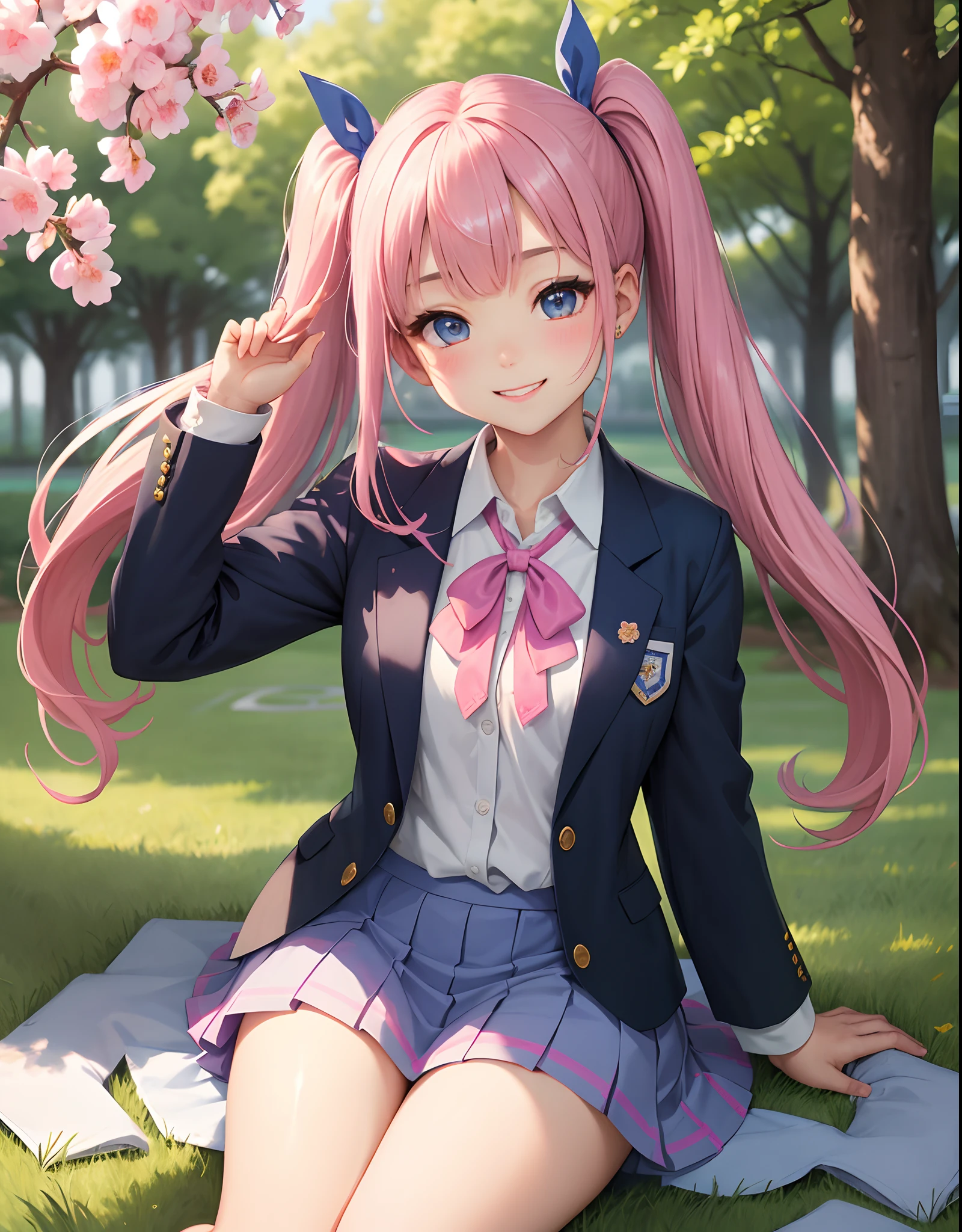 ​masterpiece:1.2、hightquality、top-quality、hight resolution、detaileds、A hyper-realistic、Beautiful schoolgirl looking mature、adult-like、High School Uniform、Dark blue blazer、Pink mini skirt、Pink ribbon、long hair with pink twin tails,,,、Beautiful blue eyes、High school students、独奏、High School Grounds、Lawn ground、tilt of the head、birdie、rainbows、brilliance、portlate、Lovely smile、Woman showing teeth、(A detailed face)、((foco nítido))、((faces))、The upper part of the body_Body